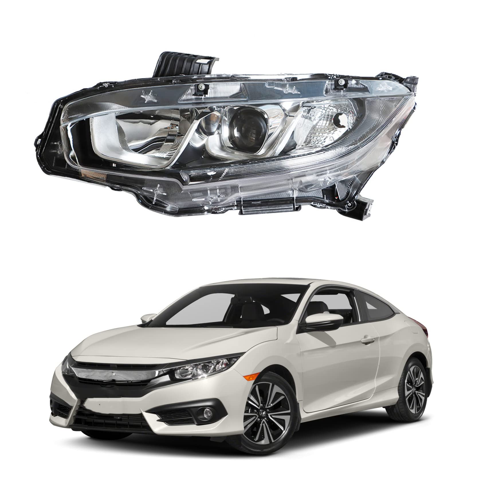 2016-2017-2018 Honda Civic Chrome Projector Headlight Assembly - Driver Side Replacement - High Performance LED Headlights for Night Driving & Enhanced Visibility