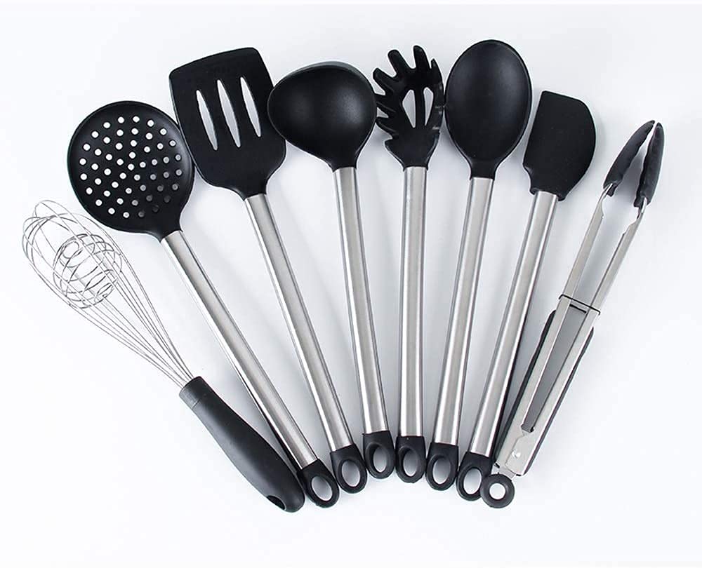 XUERUIGANG 8-Piece Non-Stick Silicone Kitchen Utensil Set - Stainless Steel Handles with Plastic Holder - Includes Spatula, Tongs, Whisk, Scraper & 10 Hooks - Perfect for Cooking, Baking & Non-Stick Pans - Ideal Gift for Home Chefs & Baking Enthusiasts