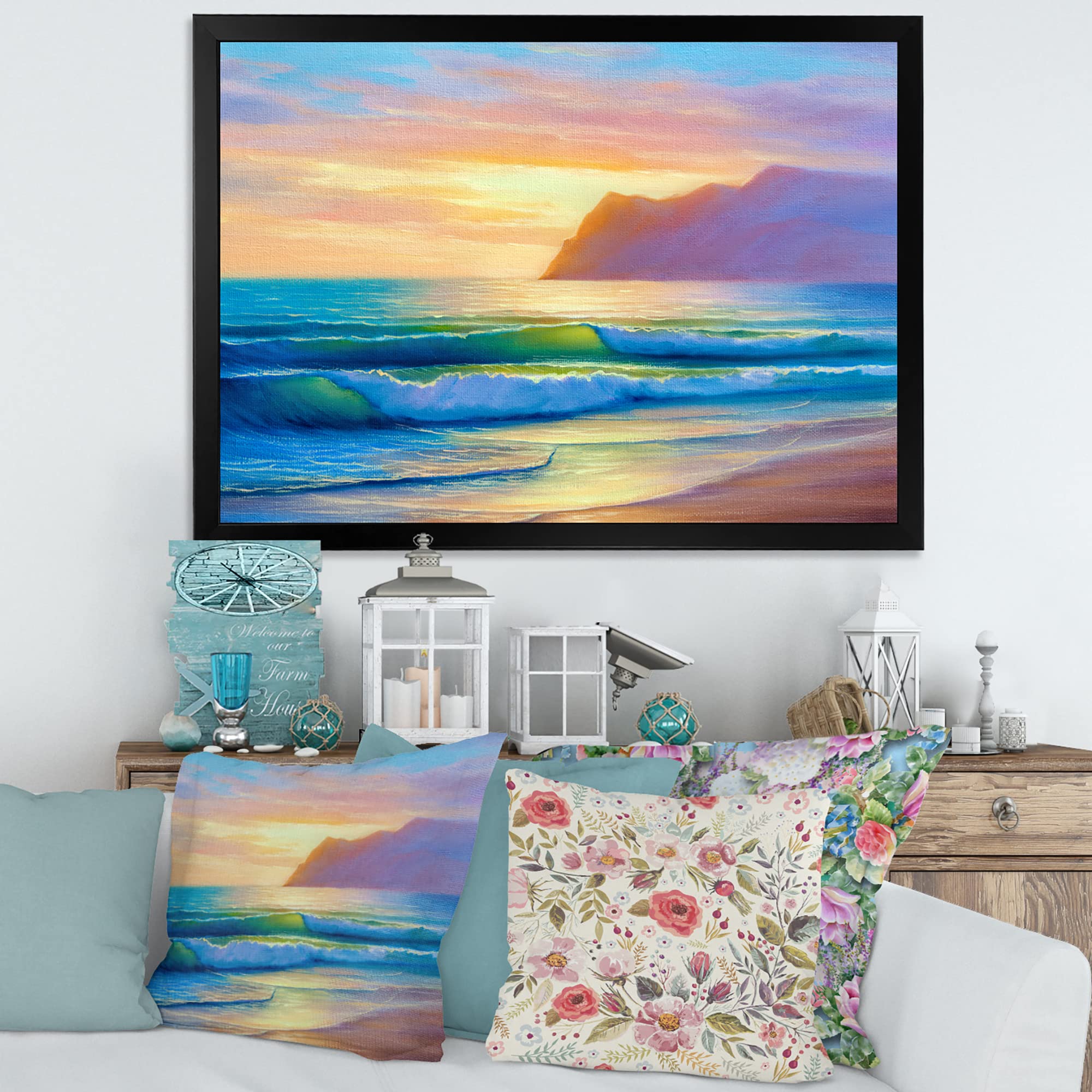 DesignQ Morning Sunlight On The Sea Waves IV - Coastal Framed Wall Art Painting for Living Room, Bedroom & Office Decor | Nautical Beach Theme Home Decoration