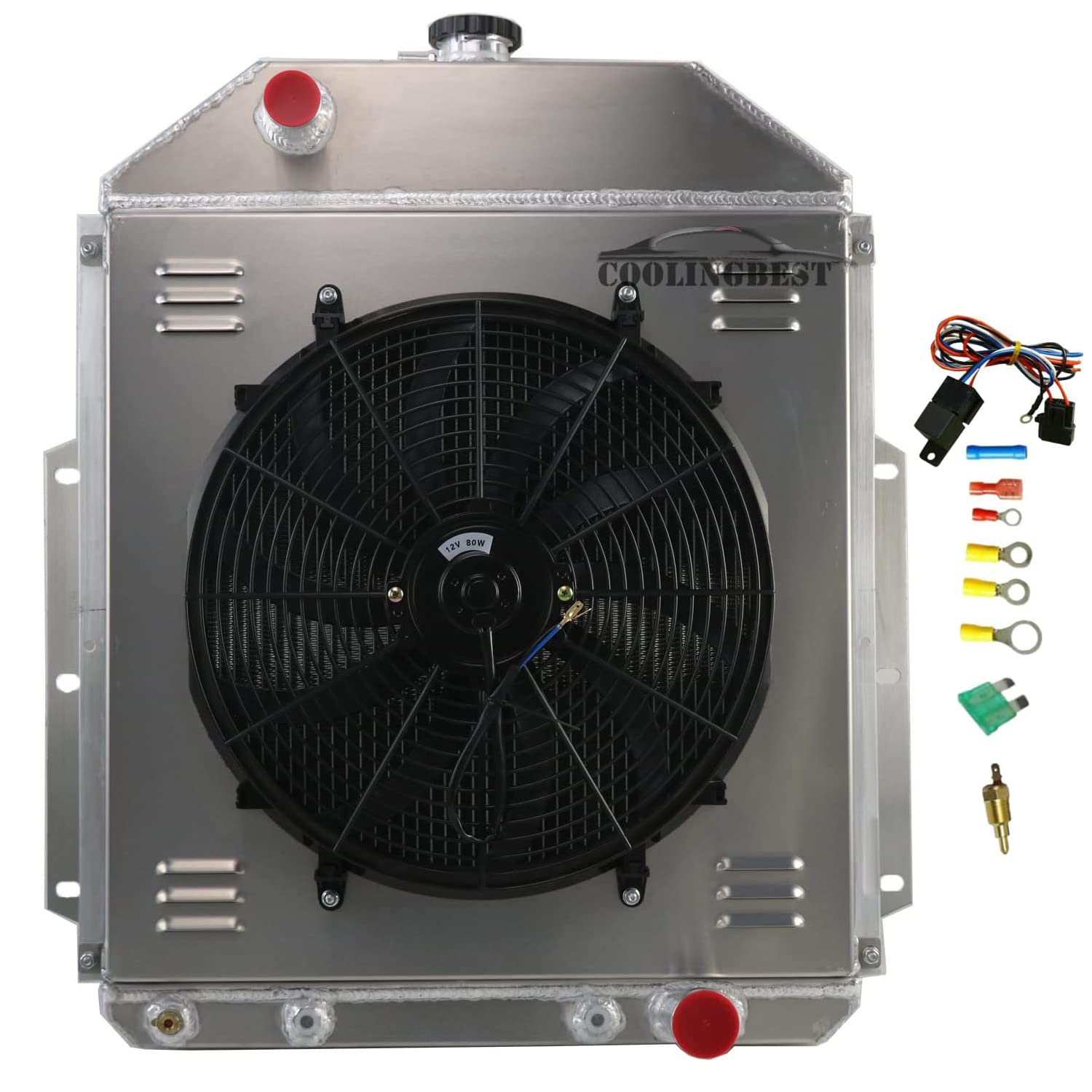 4 Row Aluminum Radiator for 1942-1952 Ford F1 F2 F3 F4 Pickup 1.5-3/4 Ton & Courier Sedan - Compatible with L4 L6 V8 Engines - Includes Electric Fan Shroud & Thermostat Kit - Perfect for Restoration & Classic Car Cooling Upgrades