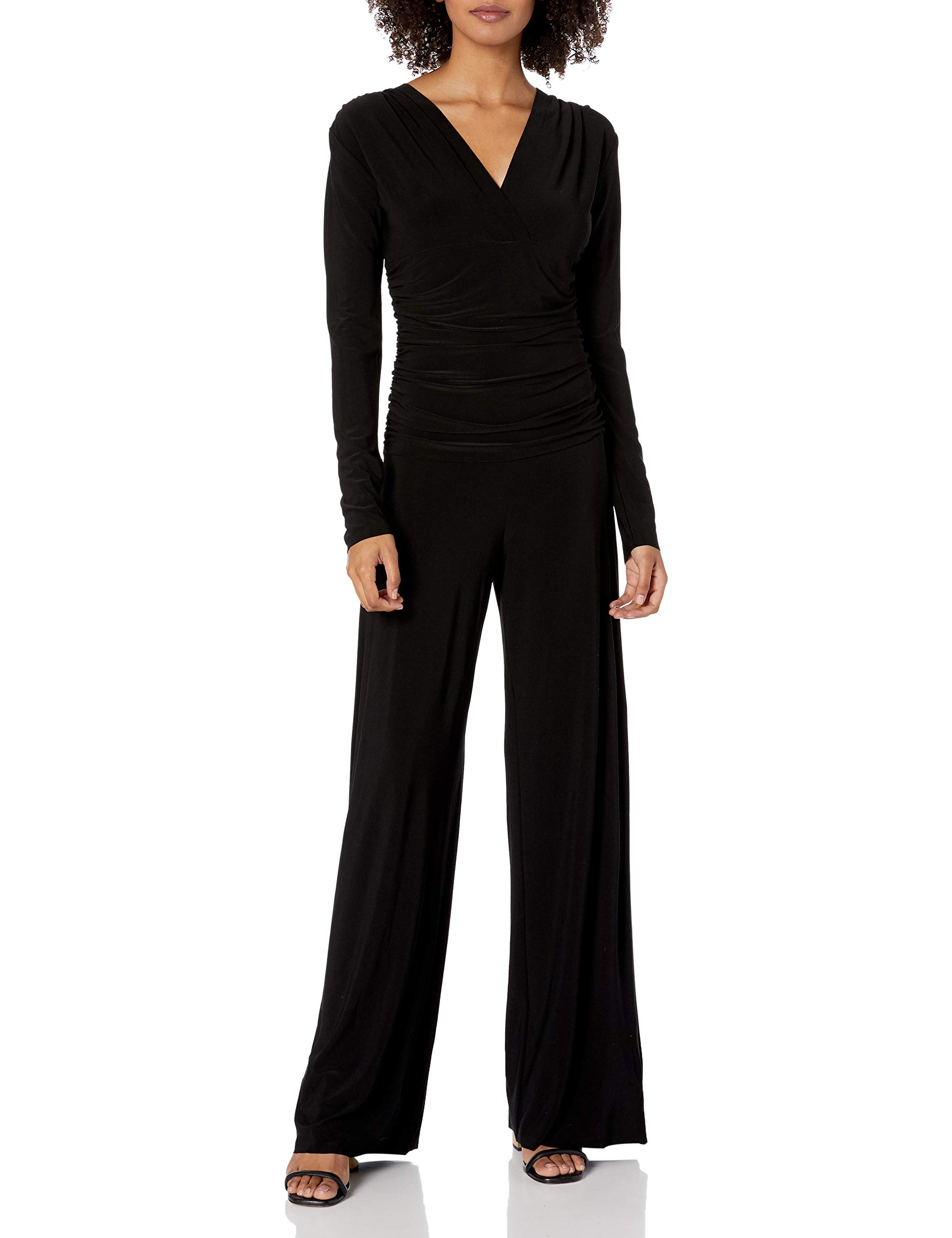 Norma Kamali Women's V-Neck Long Sleeve Shirred Waist Jumpsuit - Elegant One-Piece Outfit for Work, Party & Special Occasions