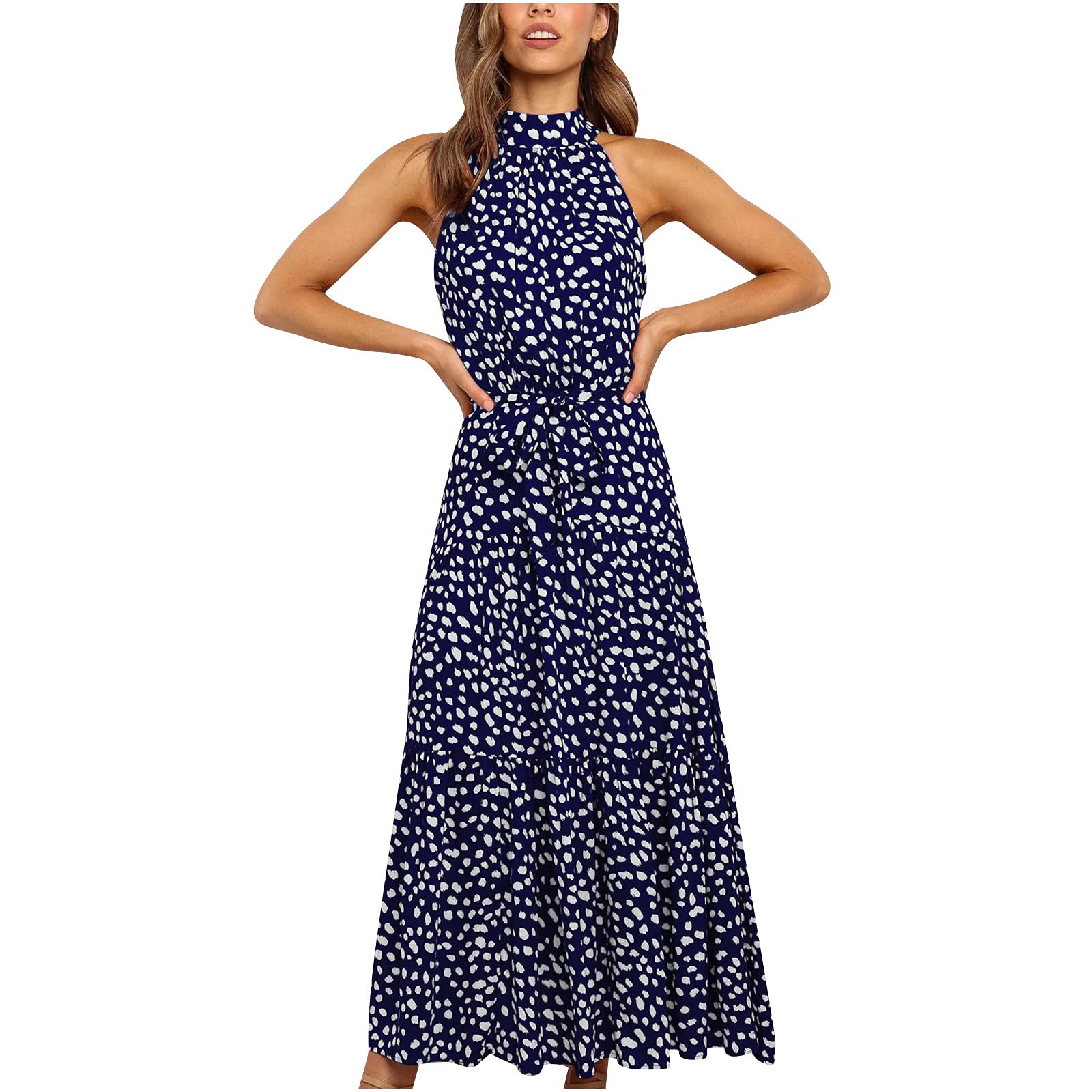 Women's Floral Maxi Dress - Sleeveless Halter Neck Summer Tank Dress for Beach, Party & Casual Wear | Lightweight Swing Sundress for Vacation, Outdoor & Boho Style