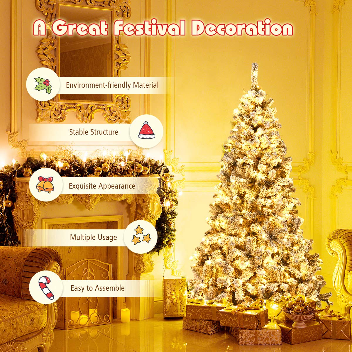 Goplus 6ft Pre-Lit Artificial Christmas Tree with LED Lights - Premium PVC Snow Flocked Hinged Pine Tree with Sturdy Metal Stand - Perfect Holiday Decoration for Home, Office, Party Indoor & Outdoor Use