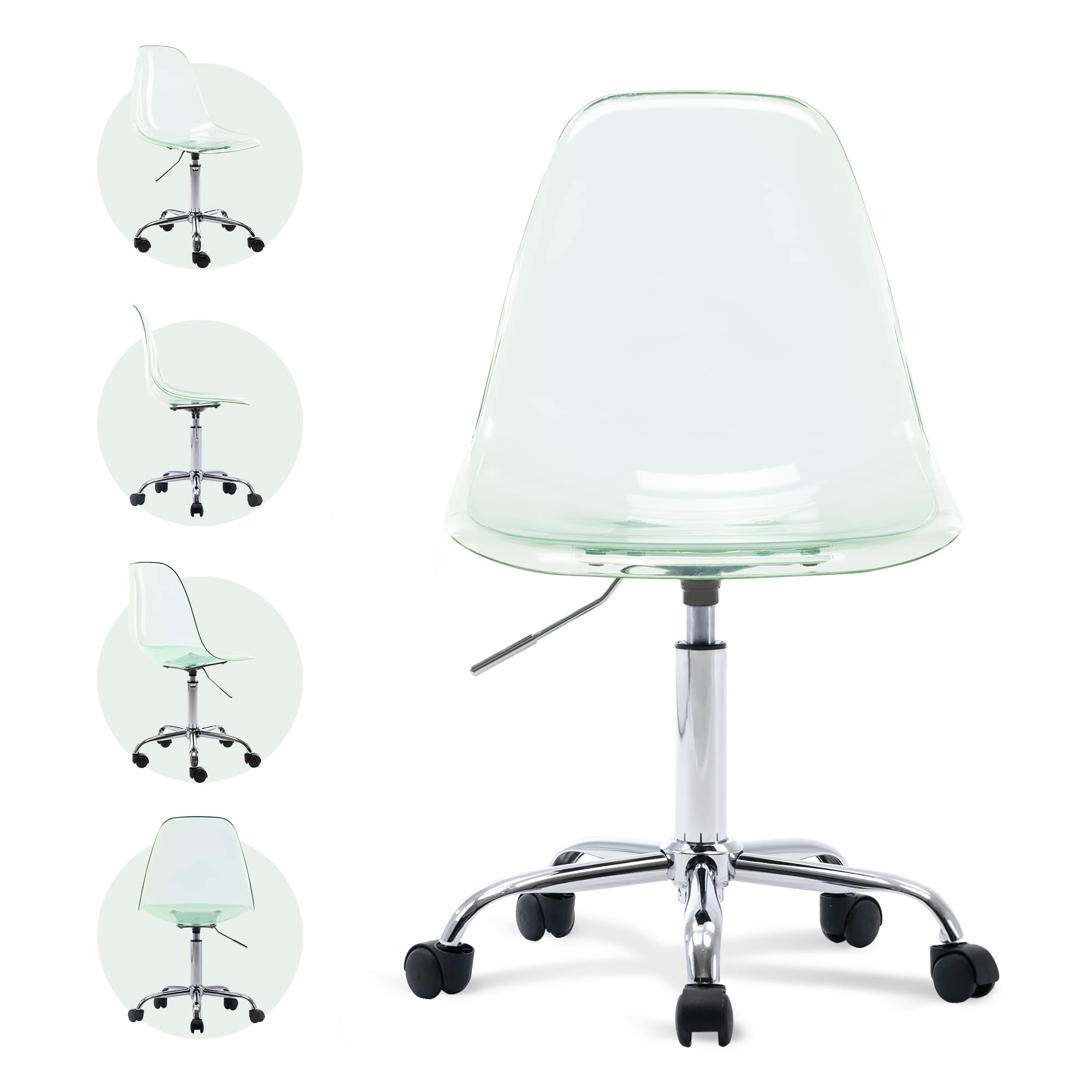 Modern Acrylic Clear Desk Chair - Adjustable Height Rolling Office Chair, Small Armless Vanity Chair for Home & Office, Green Lucite Ghost Chair with Wheels - Perfect for Workspaces, Makeup Vanities & Modern Decor