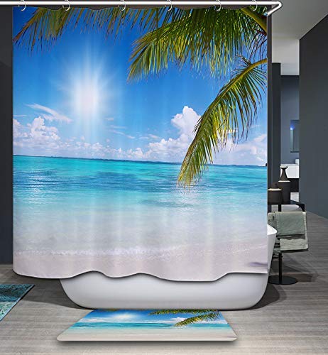 Waterproof Ocean Shower Curtain with 12 Hooks - Tropical Coconut Beach Sunshine Design, 60x72 Inch Modern Bathroom Decor - Perfect for Coastal, Nautical & Beach House Bathrooms