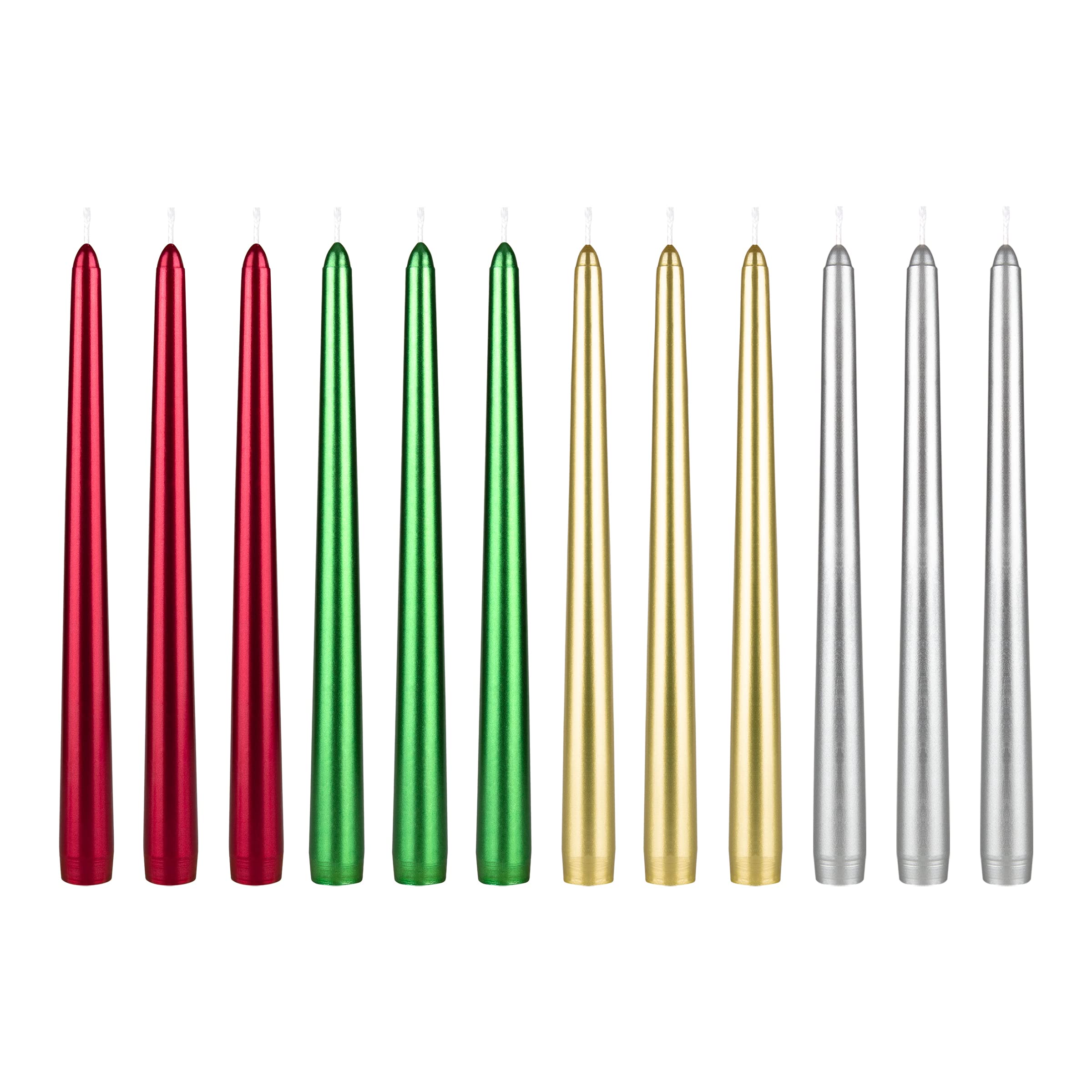 Premium Unscented Taper Candles 12-Pack - 10 Inch Hand-Poured Wax Candles in Holiday Colors (7/8