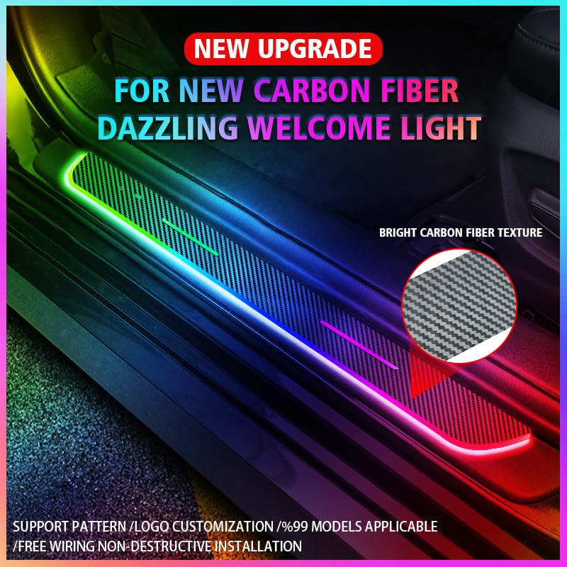 Carbon Fiber LED Door Sill Lights for Cars - 28 Color Auto-Sensing Wireless Welcome Lights with Custom Logo Option | Perfect for Nighttime Entry & Luxury Vehicle Enhancement