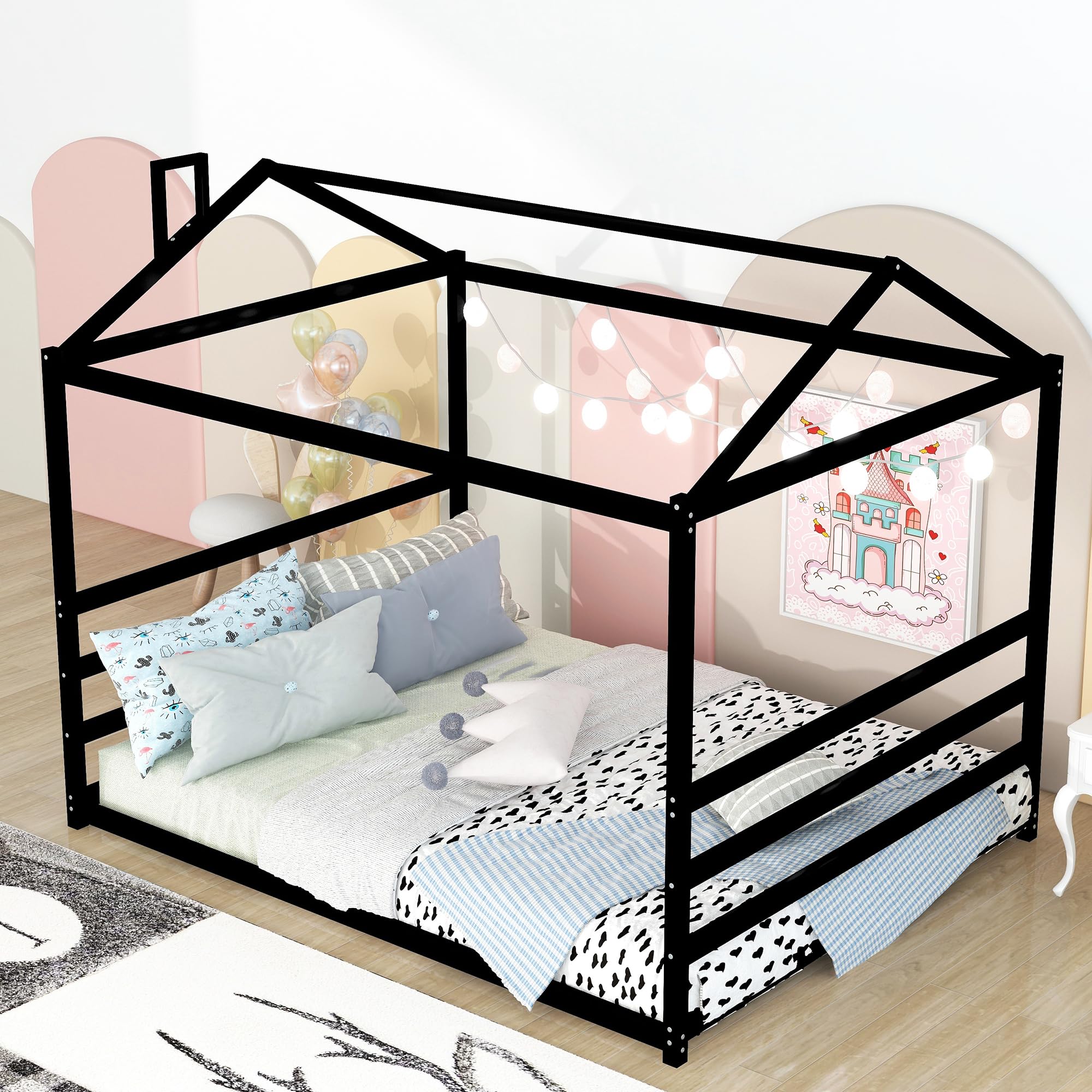 Montessori Metal Queen Size Floor Bed with Roof - Sturdy House Bed Frame for Kids, Boys & Girls - Black | Perfect for Montessori Bedrooms, Playrooms & Cozy Sleep Spaces