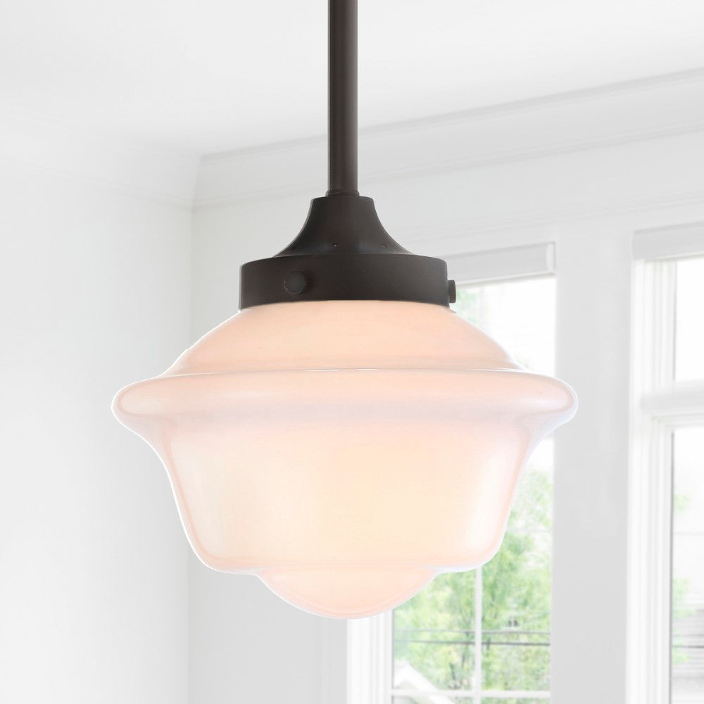 Adjustable Drop Metal and Glass LED Pendant Light - Modern Industrial Schoolhouse Lighting Fixture for Kitchen Island, Dining Room, or Entryway