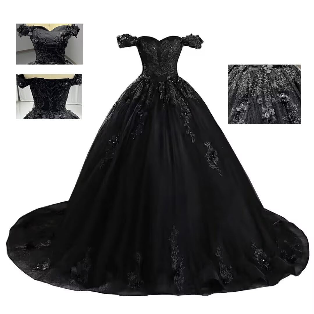 Elegant Gothic Lace Black Wedding Dress | Off-Shoulder Bridal Gown with Long Train & Tulle Skirt | Perfect for Gothic, Victorian, or Alternative Weddings