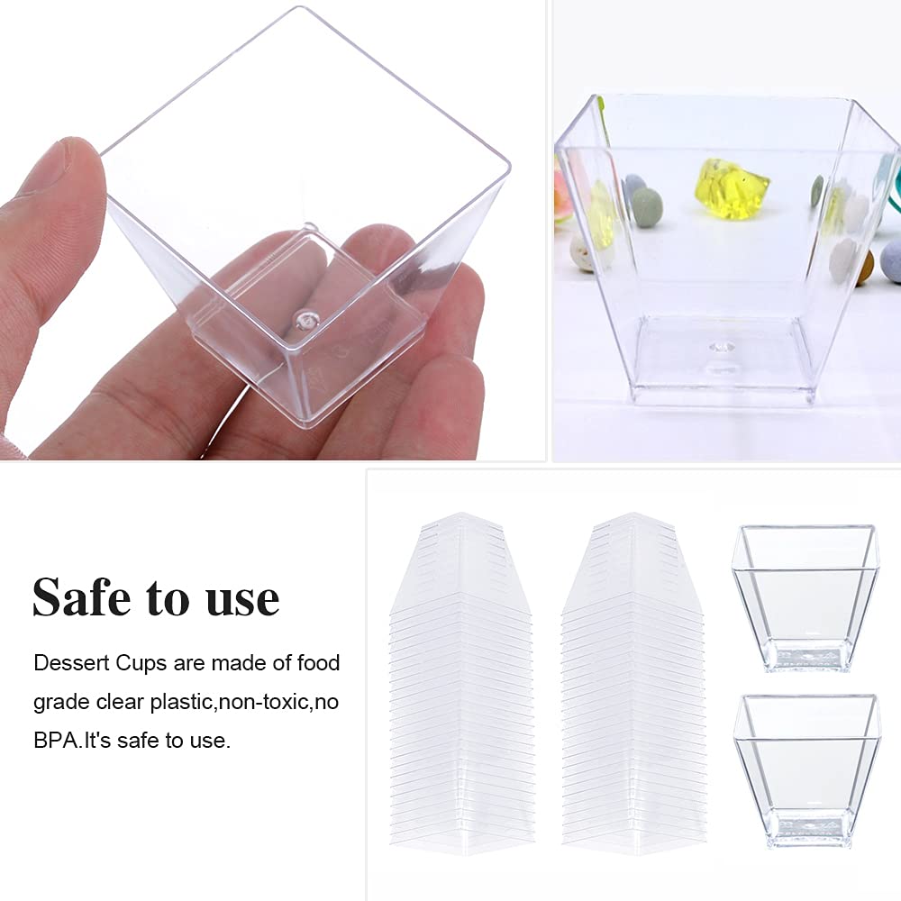 50 Pack 3.5 Oz Clear Plastic Mini Dessert Cups - Square Parfait Containers for Chocolate Mousse, Pudding, Appetizers, Dessert Samplers & Shot Glasses | Perfect for Party Catering, Wedding Favors & Bakery Display