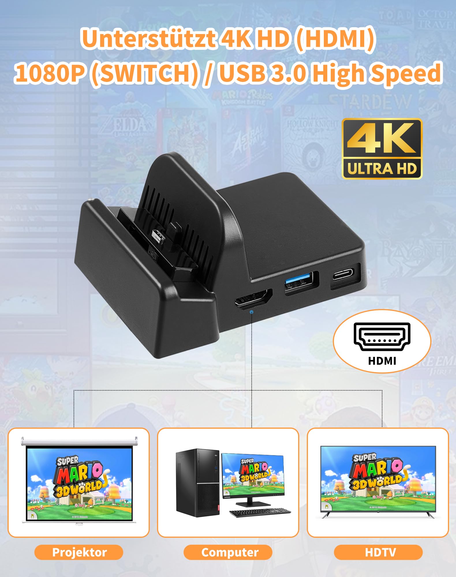 Portable Nintendo Switch Docking Station for Switch/Switch OLED - 4K HDMI TV Adapter with USB 3.0 Port, Fast Charging Stand | Perfect for Home Gaming, Travel & Multiplayer Setup