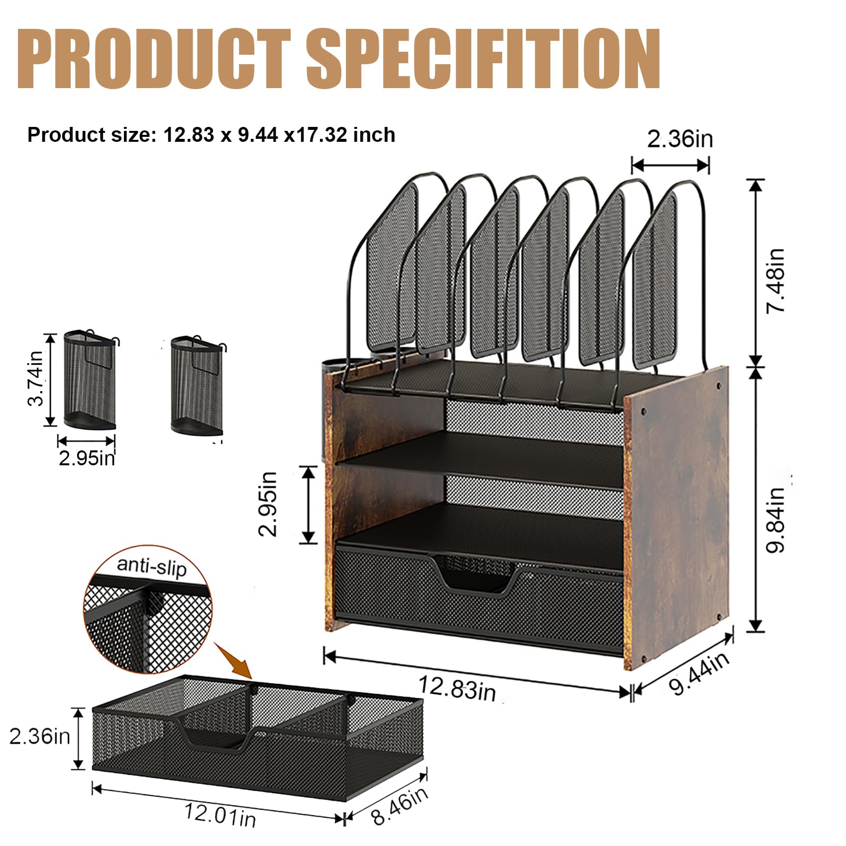 4-Tier Wooden Desk Organizer with Drawer, Paper Tray, Letter Tray & Vertical File Holder - Includes 2 Pencil Holders for Office, Home & School Organization