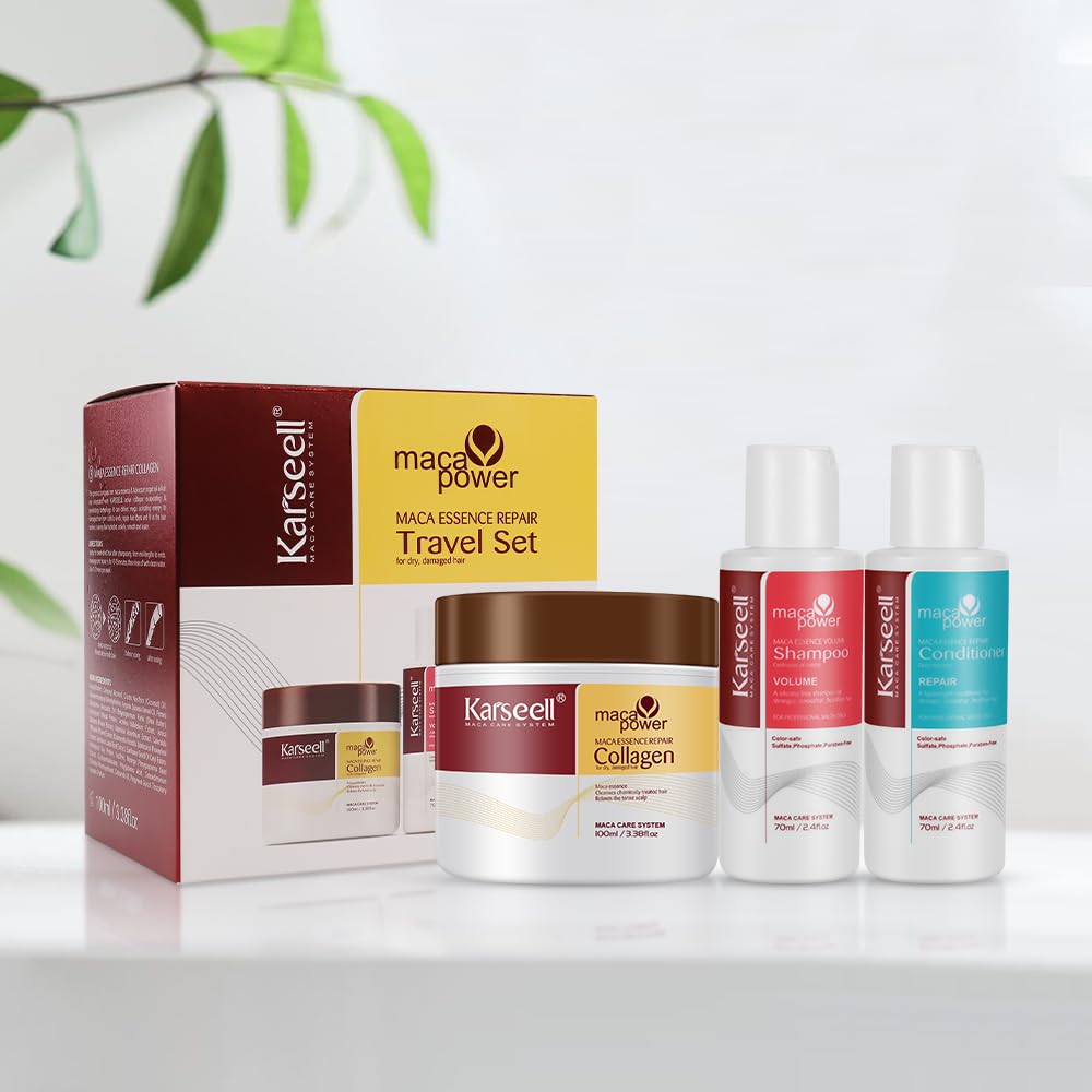 Karseell Collagen Hair Treatment Set - Deep Repair Conditioning Mask, Shampoo & Conditioner for Dry Damaged Hair (3.38oz + 2.4oz + 2.4oz) | Travel Size Hair Care Kit for All Hair Types | Perfect for Salon Treatments, Home Use & On-the-Go Hydration