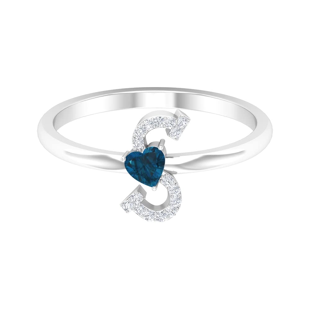 London Blue Topaz & Diamond Rings | Diamond Alphabet A-Z Initial Rings for Women | 14K White Gold Personalized Jewelry | Perfect for Birthdays, Anniversaries & Gifts