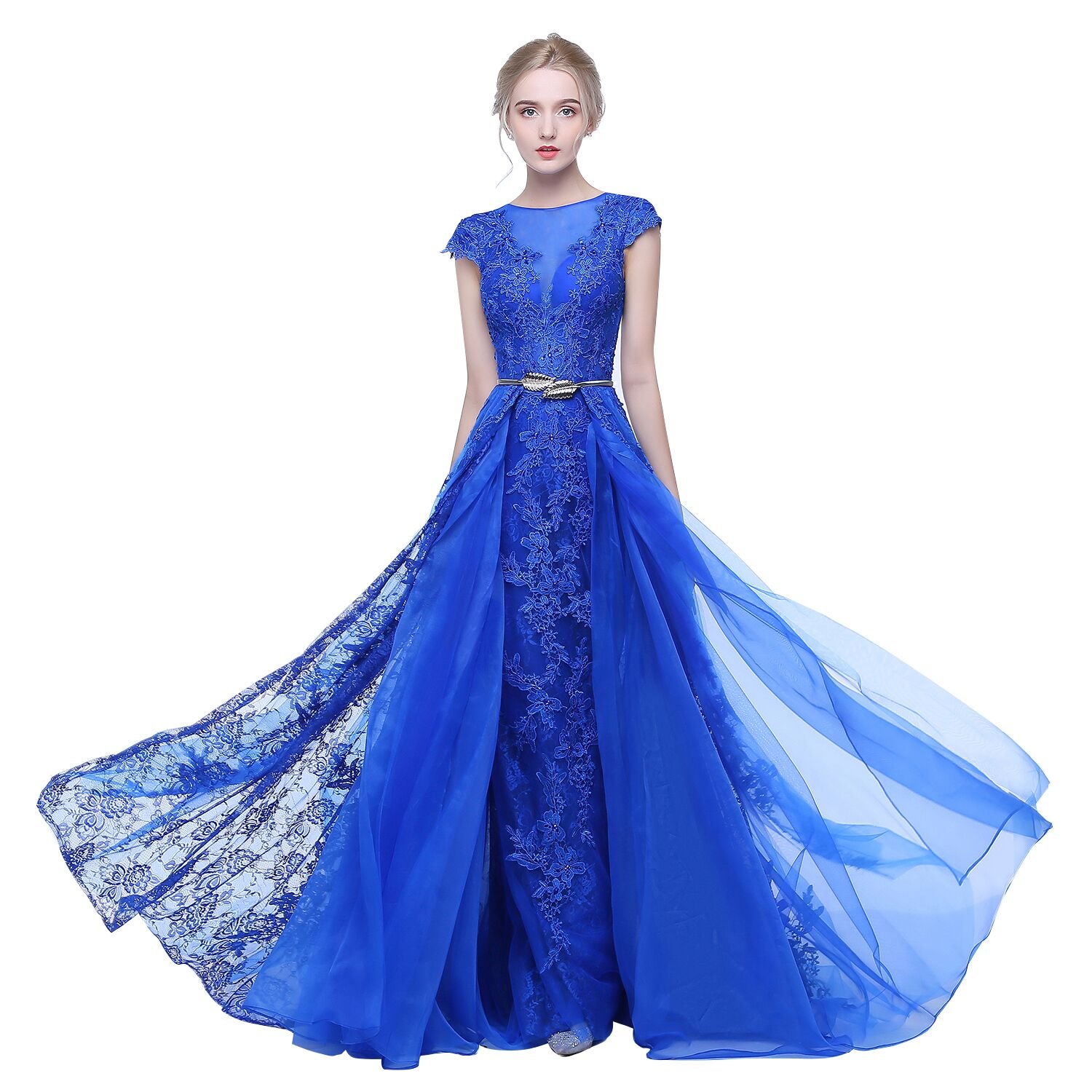 Elegant Blue Homecoming Dress with Lace Applique, Short Sleeve A-Line Long Dress for Prom, Formal Events & Special Occasions