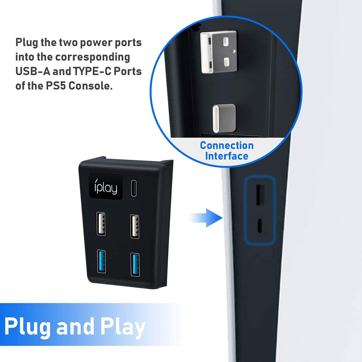 5-in-1 USB Hub for PS5 - High Speed USB 3.0 Splitter with 4K UHD Support - Perfect for Gaming Consoles, PC, Laptop & Home Office (Black, Model HBP 308)