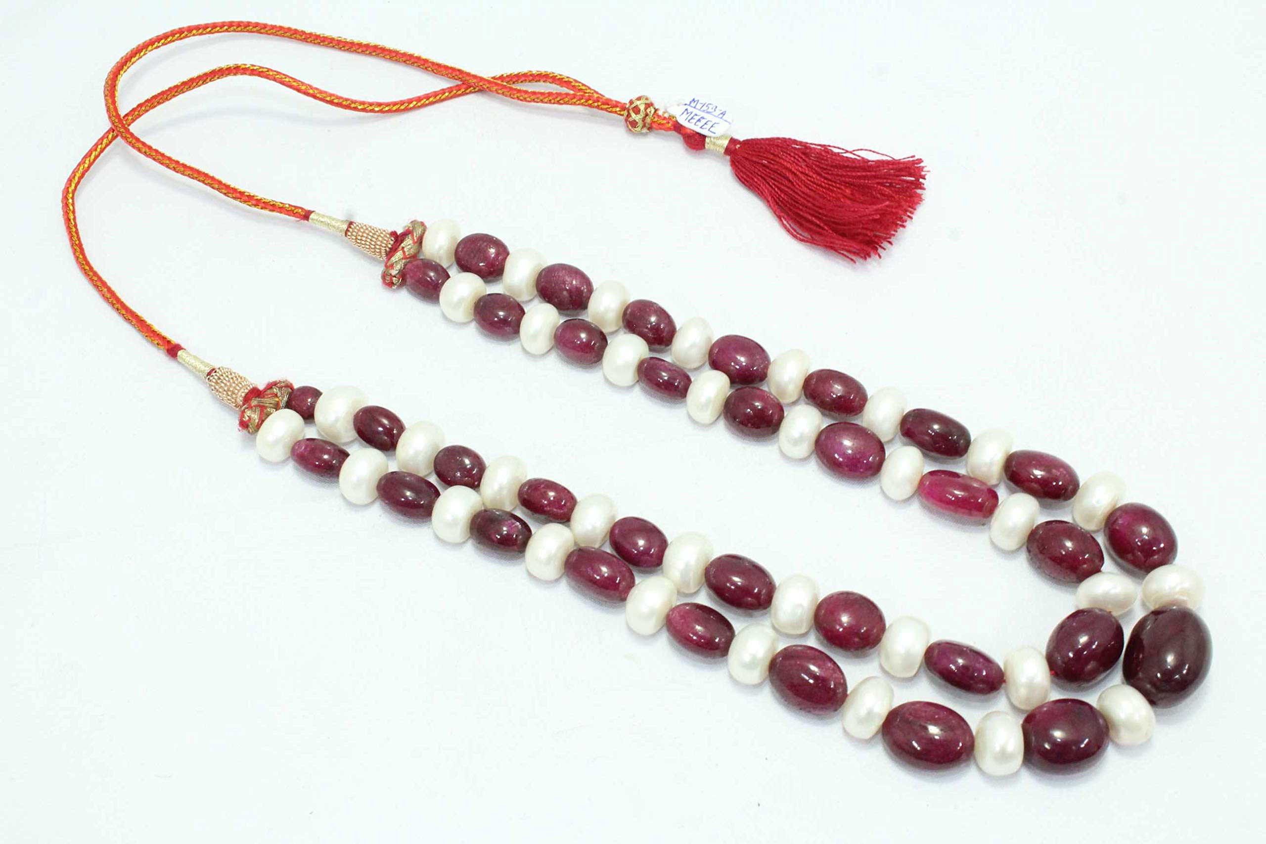 2 Strand Red Ruby Beads & White Pearls Necklace for Women - Elegant Jewelry Gift for Wedding, Party & Special Occasions