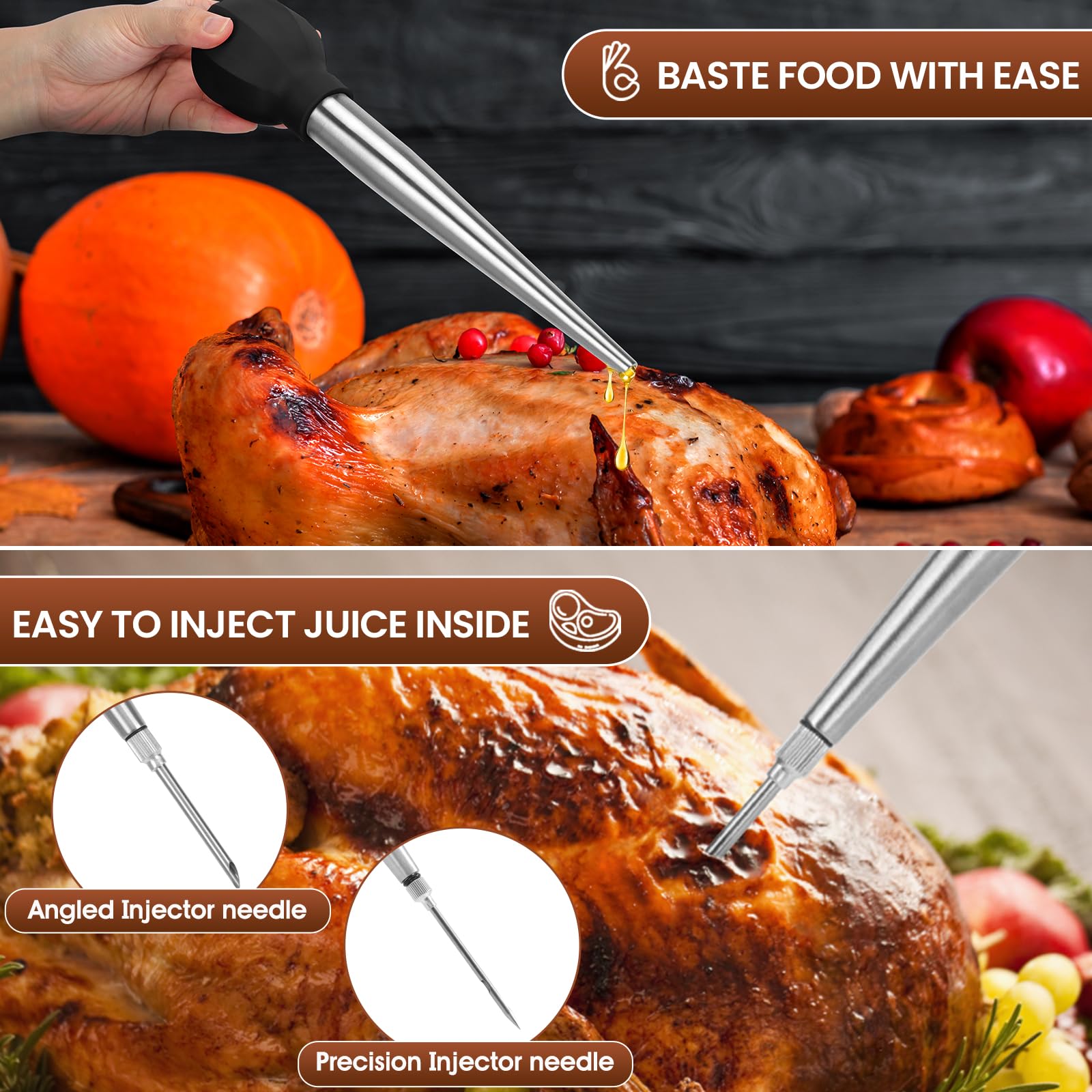 Stainless Steel Turkey Baster with Brush & Needle - for Meat, Poultry & Beef Cooking