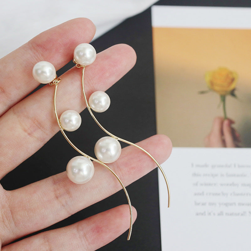 Elegant Classic Curve Pearl Long Drop Earrings for Women | HE10215 | Perfect for Weddings, Parties & Formal Events