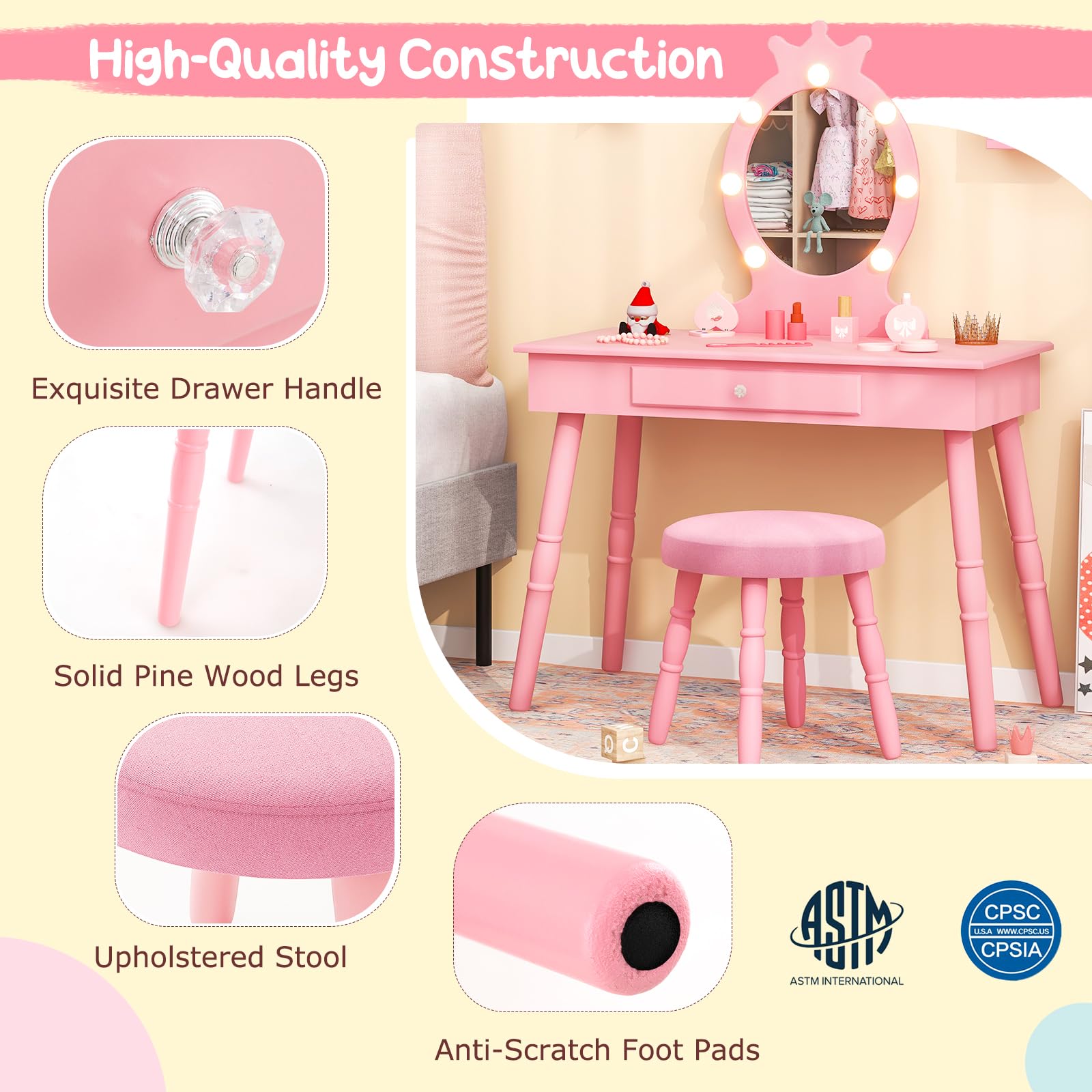 Costzon Kids Vanity Set with Mirror, Stool & LED Lights - 2-in-1 Wooden Makeup Dressing Table with Drawers for Girls - Pretend Play Vanity Desk & Chair Set (Pink) - Perfect for Birthday Gifts, Bedroom Decor & Role Play Activities