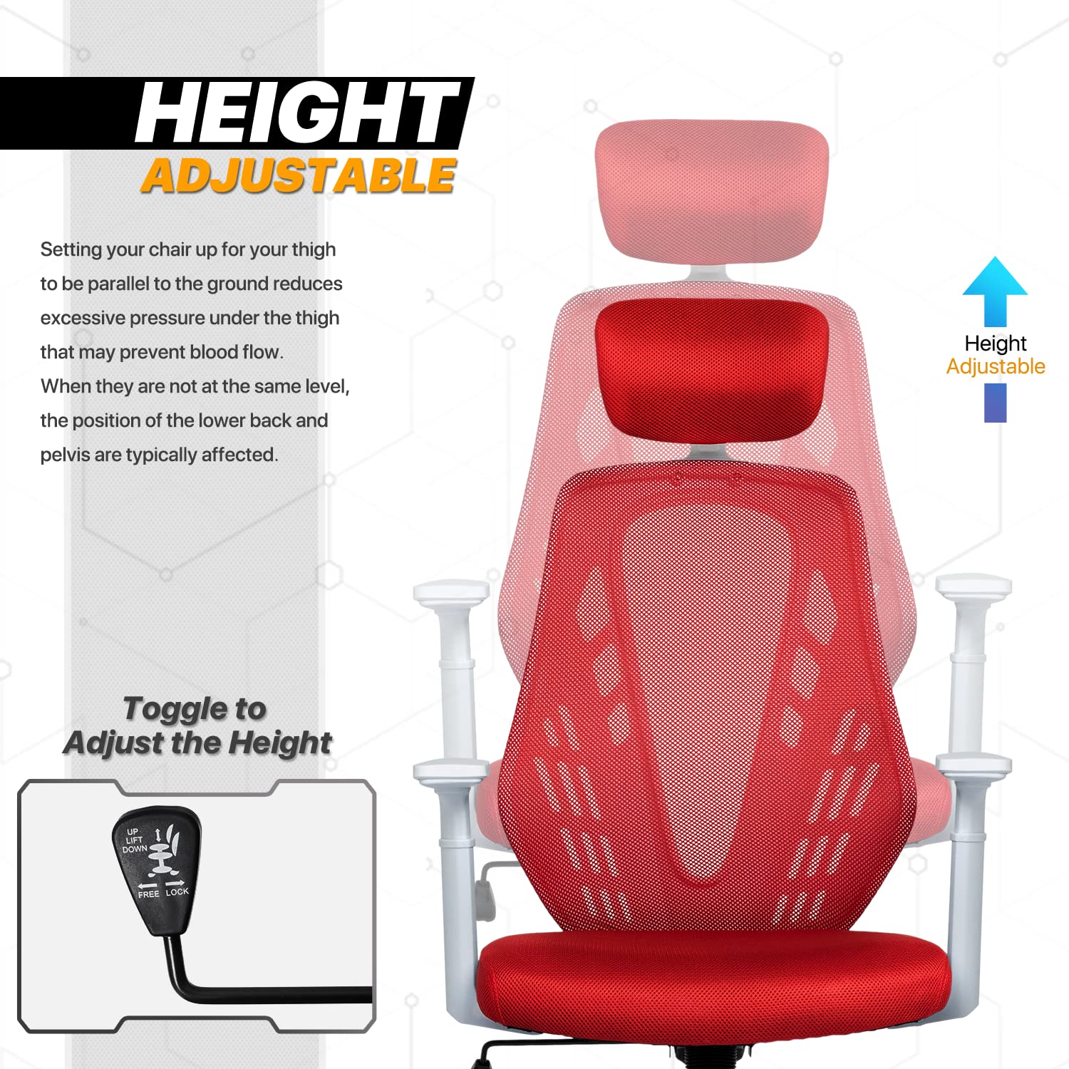 MoNiBloom Red Mesh Office Chair - Adjustable Headrest & Lumbar Support for Home/Office Workspace