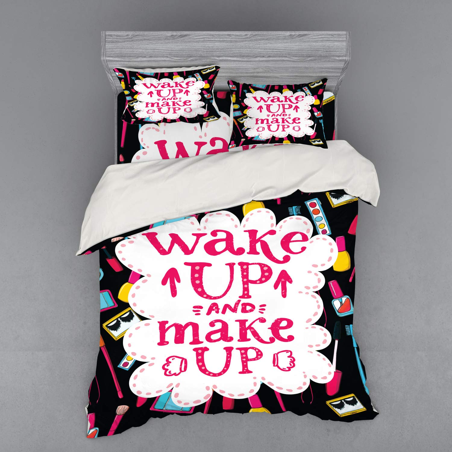Ambesonne Funny Makeup Saying 4-Piece Queen Bedding Set - Duvet Cover, Shams & Fitted Sheet - Witty Cosmetic Lettering with Lipstick, Mascara & Nail Polish Design - Vibrant Multicolor - Perfect for Teen Girls' Room & Makeup Lovers' Bedroom Decor