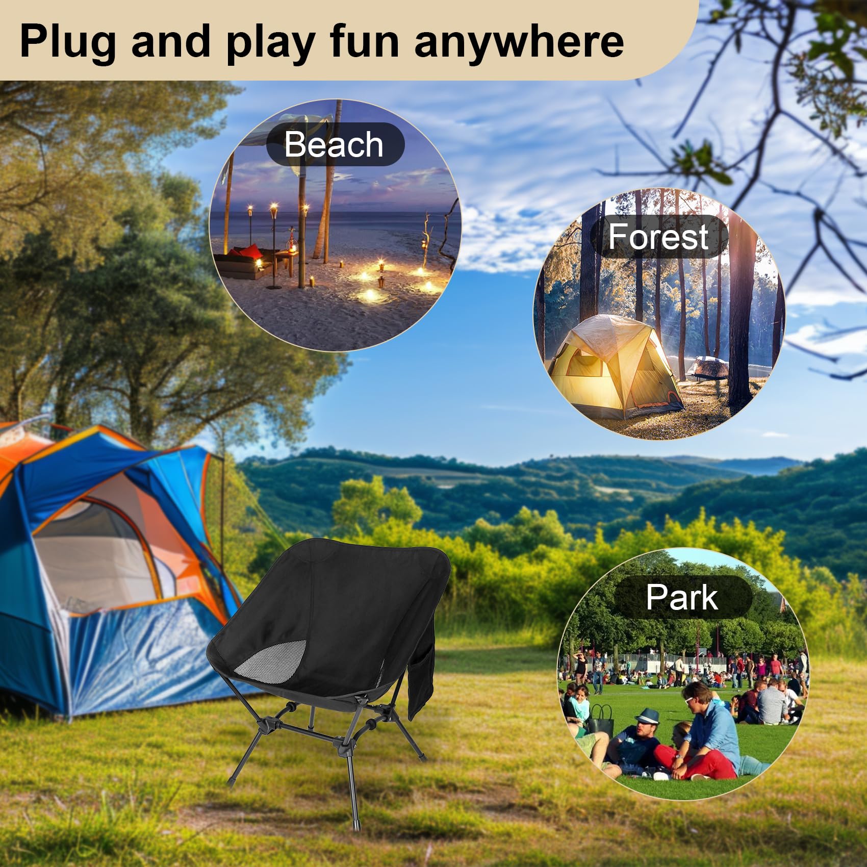 **Dreamoon Lightweight Foldable Camping Chair - Portable Backpack Chair with Side Pockets & Carry Bag, Adjustable Height Compact Outdoor Chair for Camping, Beach, Picnic, Hiking, Fishing, Travel - Perfect for Backyard BBQs, Tailgating & Outdoor Concerts - Black**