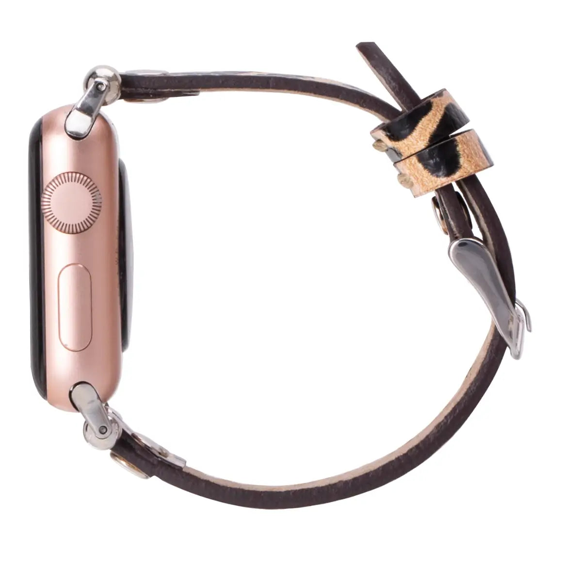 Leopard Print Genuine Leather Ultra Slim Apple Watch Band with Silver Rivets - Stylish & Durable Replacement Strap for Workouts, Office & Everyday Wear