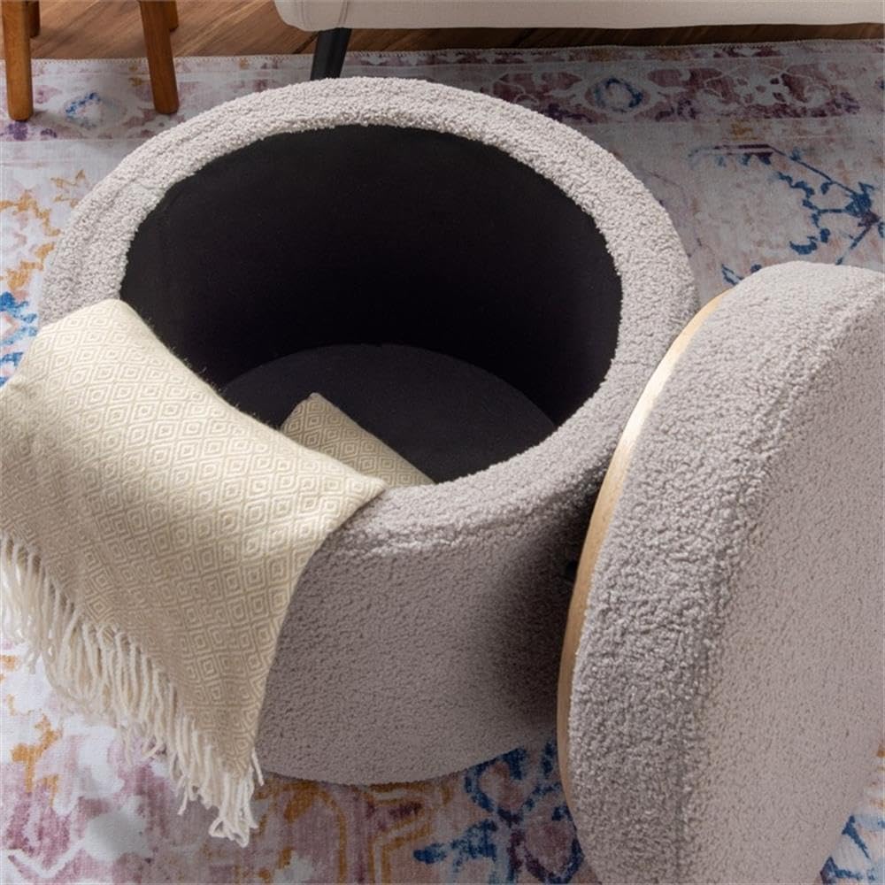 Linon Hawn Round Padded Storage Ottoman with Light Wood Trim - Gray Sherpa Fabric Upholstered Footrest Bench for Living Room, Bedroom & Home Decor