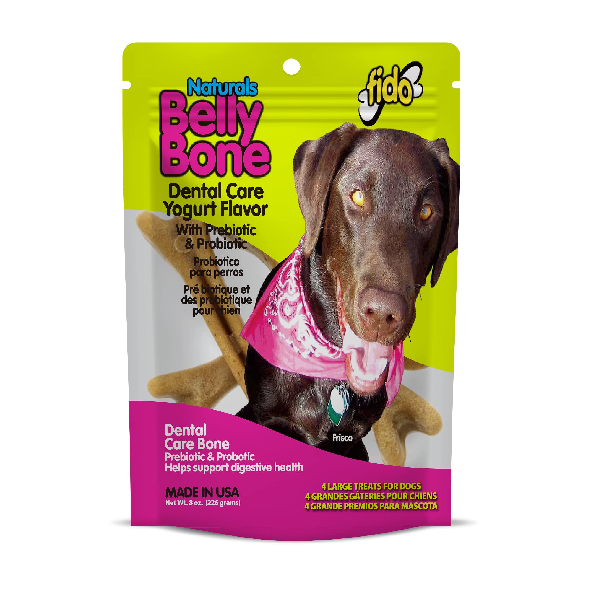 Natural Yogurt-Flavored Belly Bones for Large Dogs - Made in USA, 4 Count Dental Chews for Plaque & Tartar Control, Fresh Breath & Digestive Health - Perfect for Daily Oral Care & Training Rewards