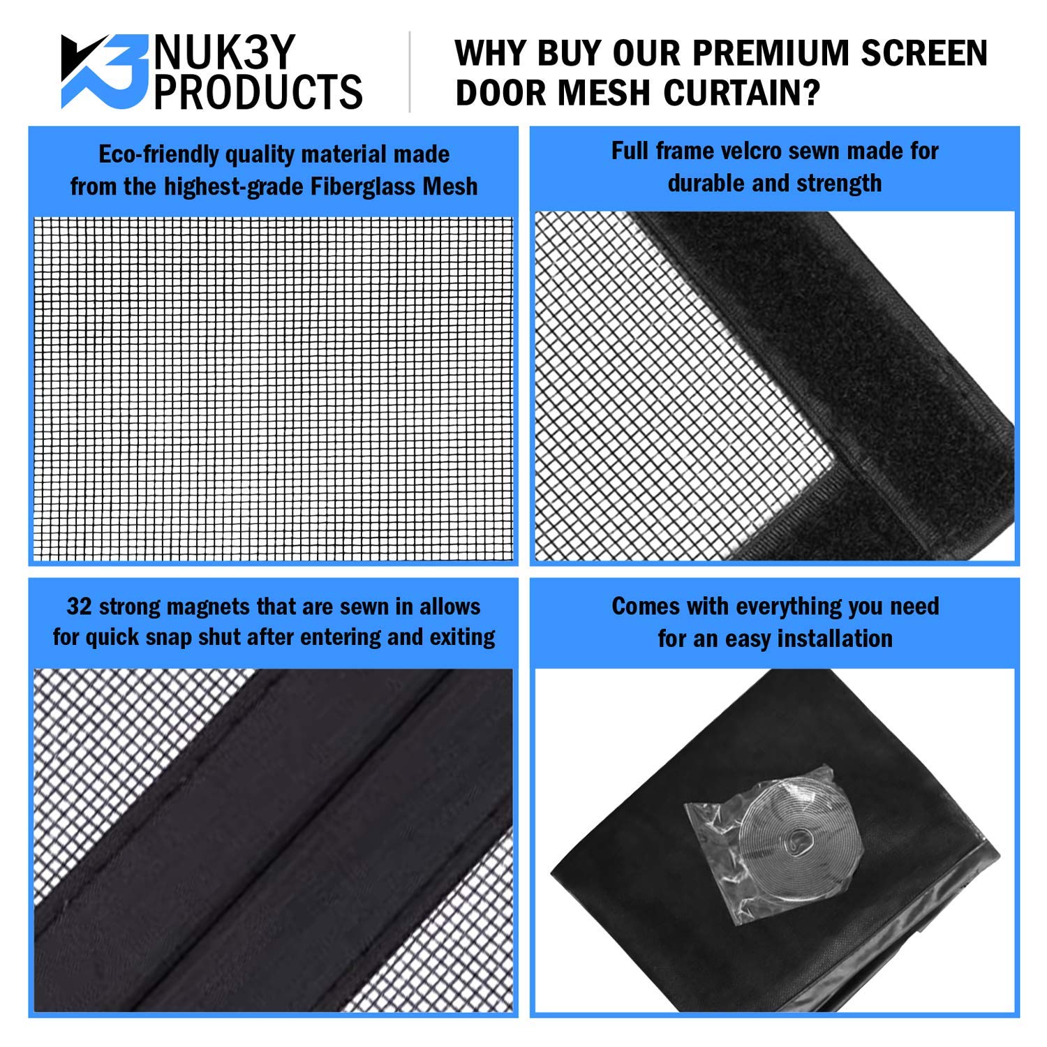 Upgraded Magnetic Screen Door Mesh Curtain - Fiberglass Design with Full Frame & Strong Velcro (72