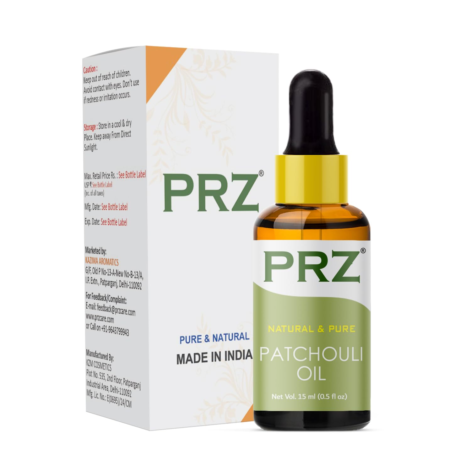 PRZ Pure Natural Patchouli Essential Oil - 100% Therapeutic Grade for Aromatherapy, Skin & Hair Care, 15ml - Perfect for Diffusers, Massage & DIY Beauty Products