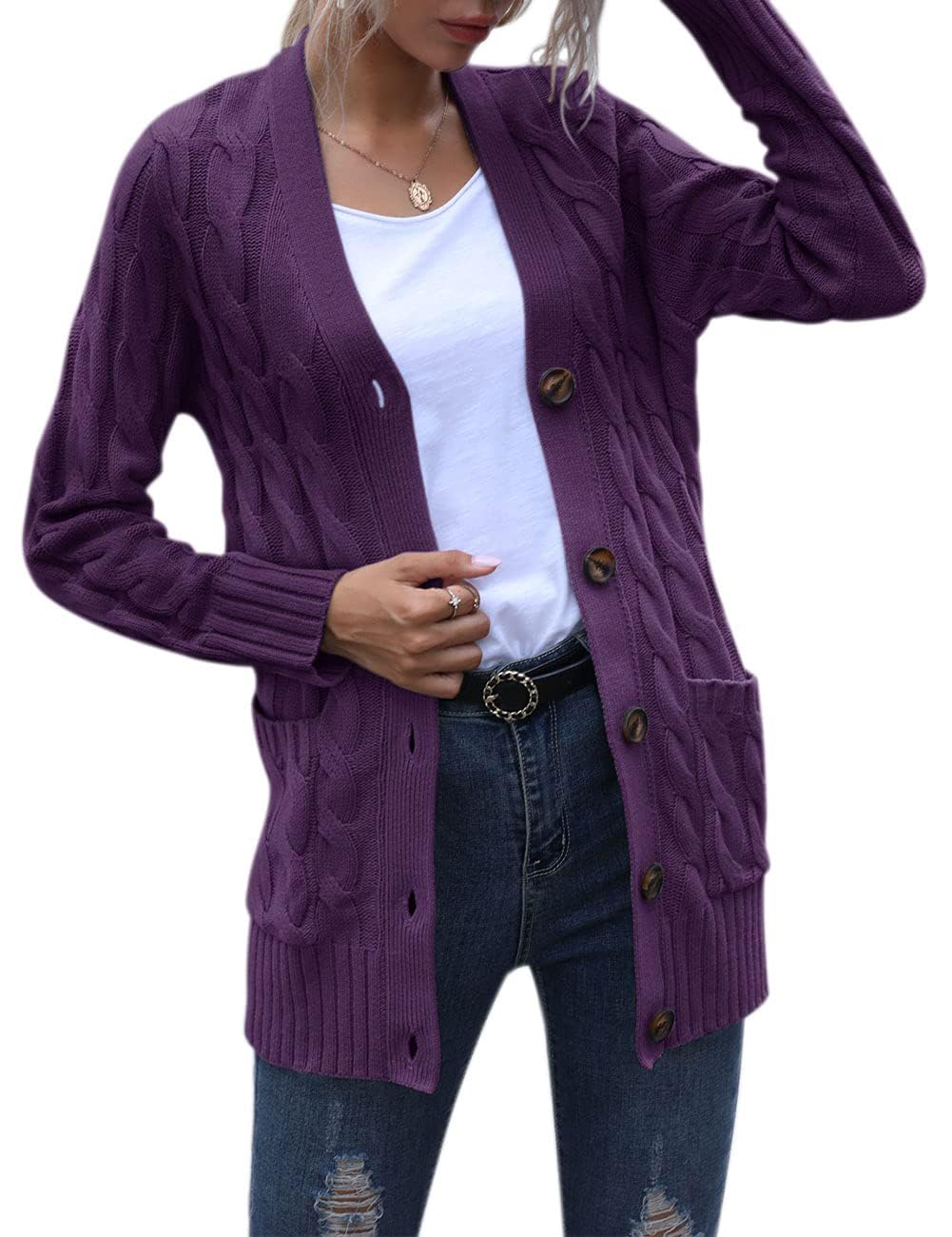 MEROKEETY Women's 2025 Fall Long Sleeve Cable Knit Sweater Cardigan - Open Front Button Loose Fit Outerwear for Casual Wear, Office & Autumn Outfits