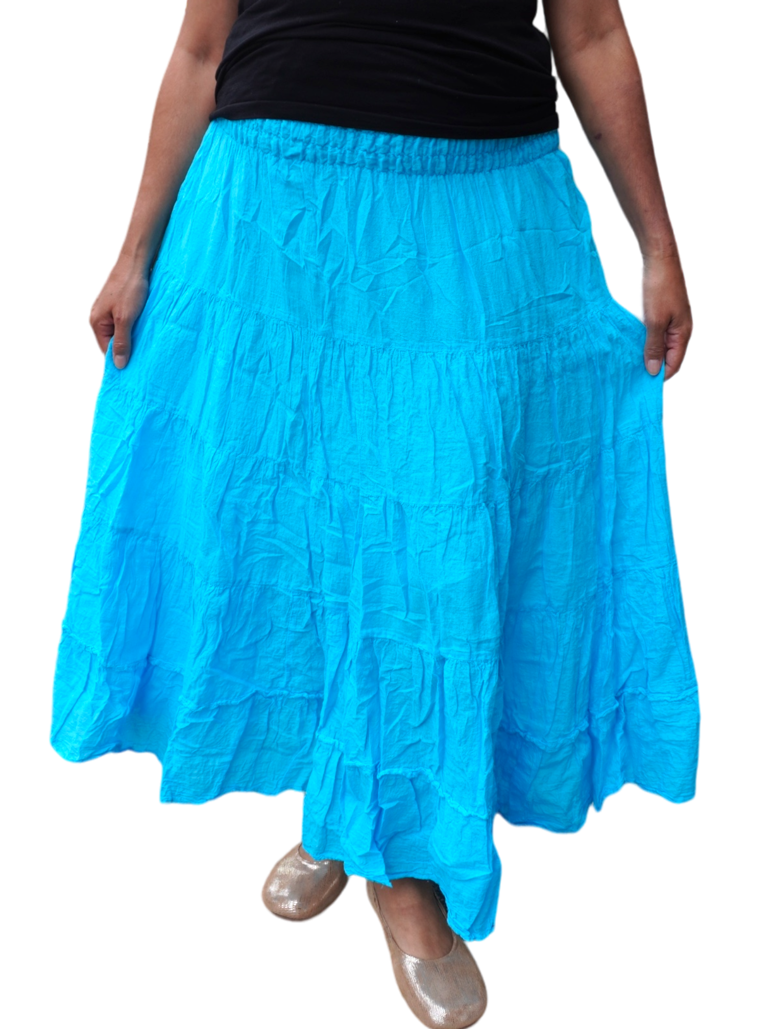 Bright Sky Blue Cotton Voile Tiered Skirt for Women - Flowy Summer Maxi Skirt with Elastic Waist - Perfect for Beach, Vacation & Boho Outfits