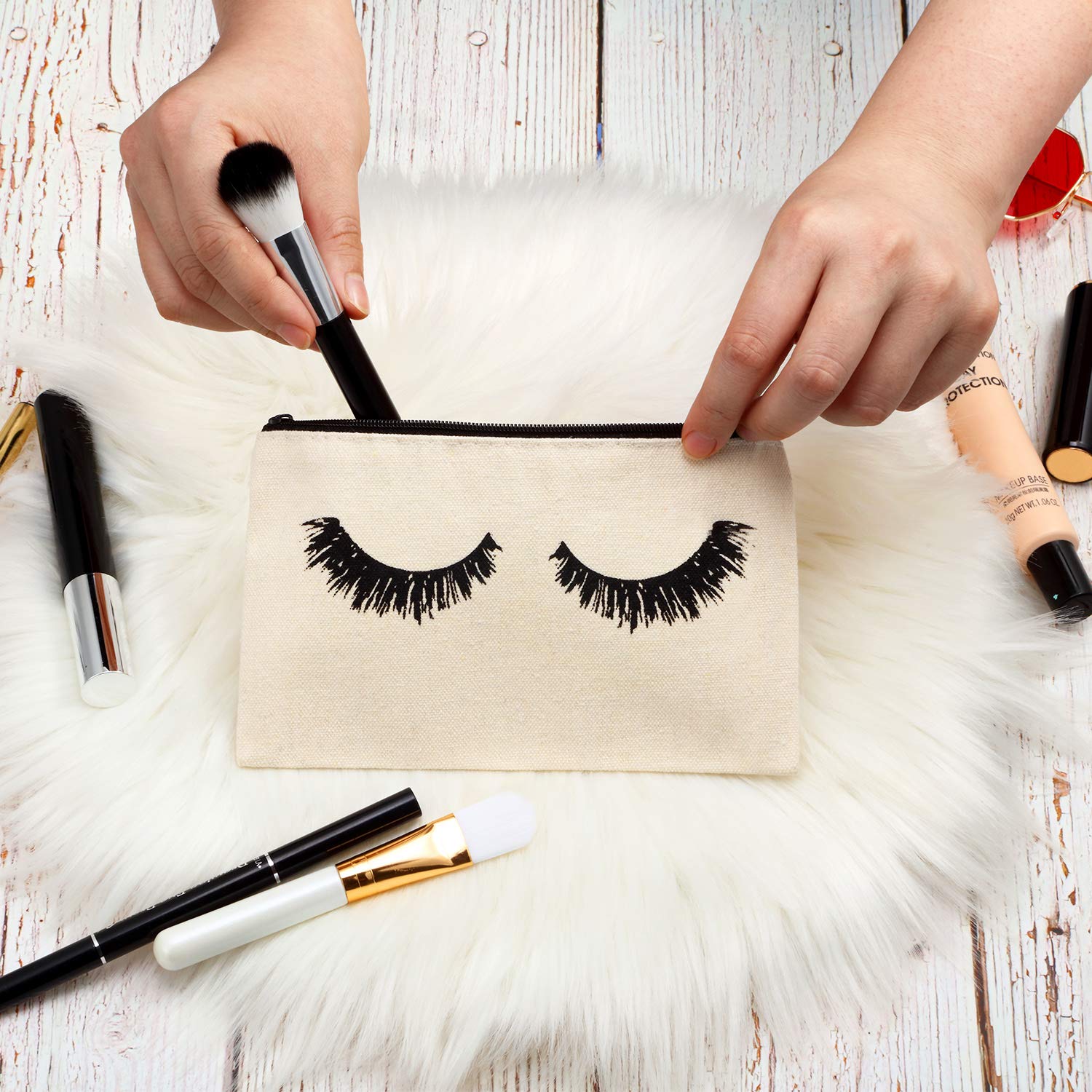 18 Pcs Canvas Lash Makeup Bags - Travel Toiletry Pouches with Zipper for Women & Girls (Beige) - Perfect for Cosmetics & Travel Essentials