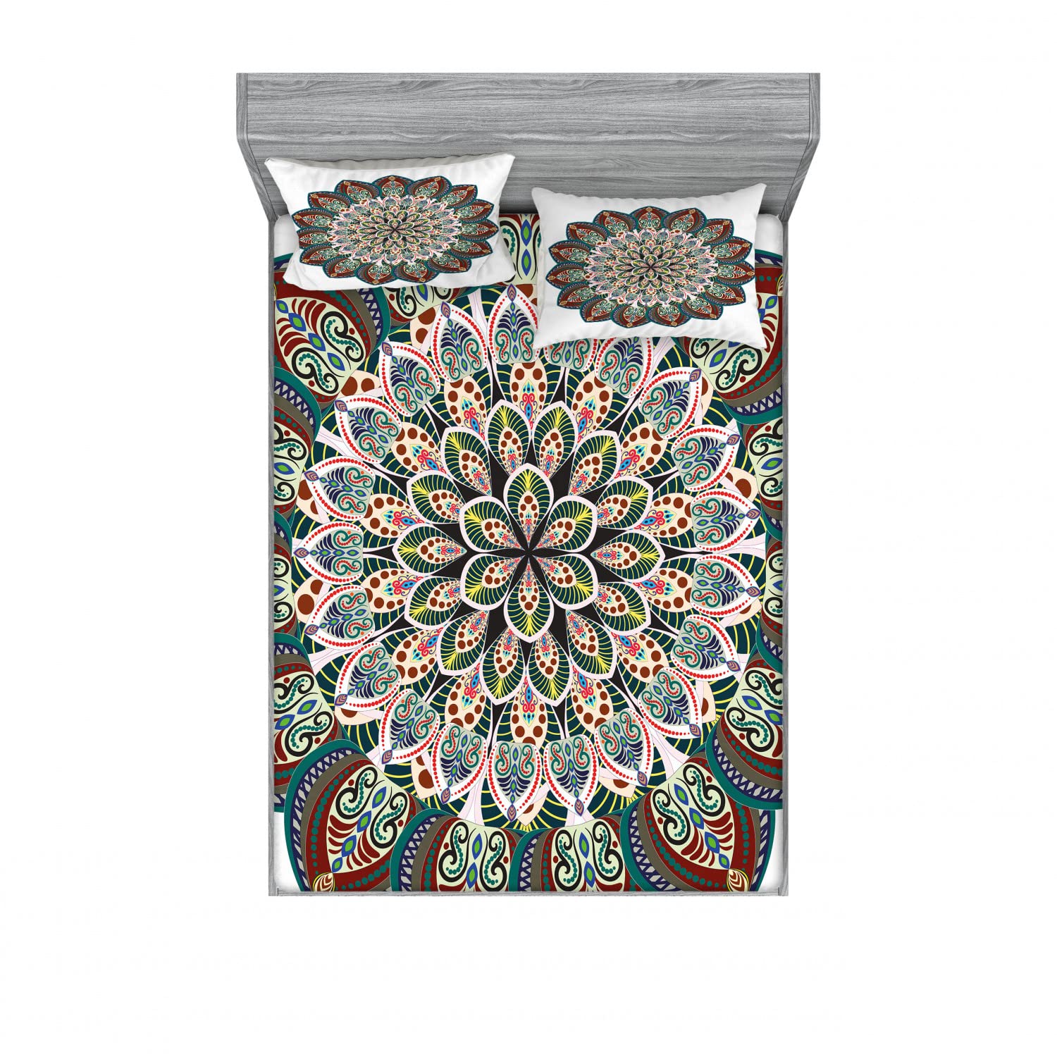 Ambesonne Victorian 2-Piece Queen Size Fitted Sheet Set with 4 Pillow Shams - Mandala Pattern Luxury Bedding Collection for Master Bedroom Decor | Multicolor Bohemian Style Bed Sheets for Guest Room & Vacation Home