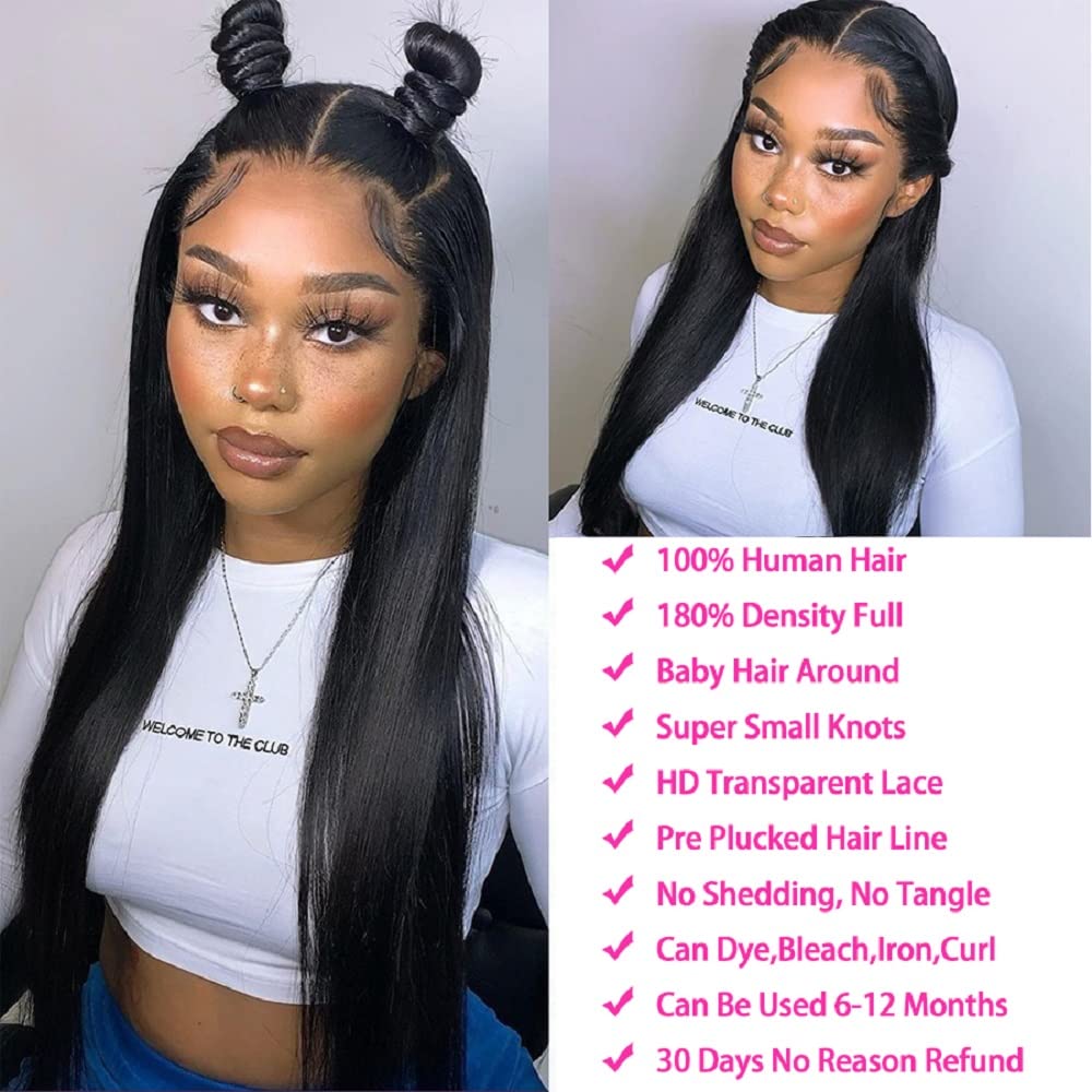 30 Inch Straight Lace Front Wigs Human Hair - Pre Plucked 13x4 HD Transparent Lace - 180% Density Glueless Brazilian Virgin Hair Wigs for Black Women - Perfect for Daily Wear, Cosplay & Special Occasions