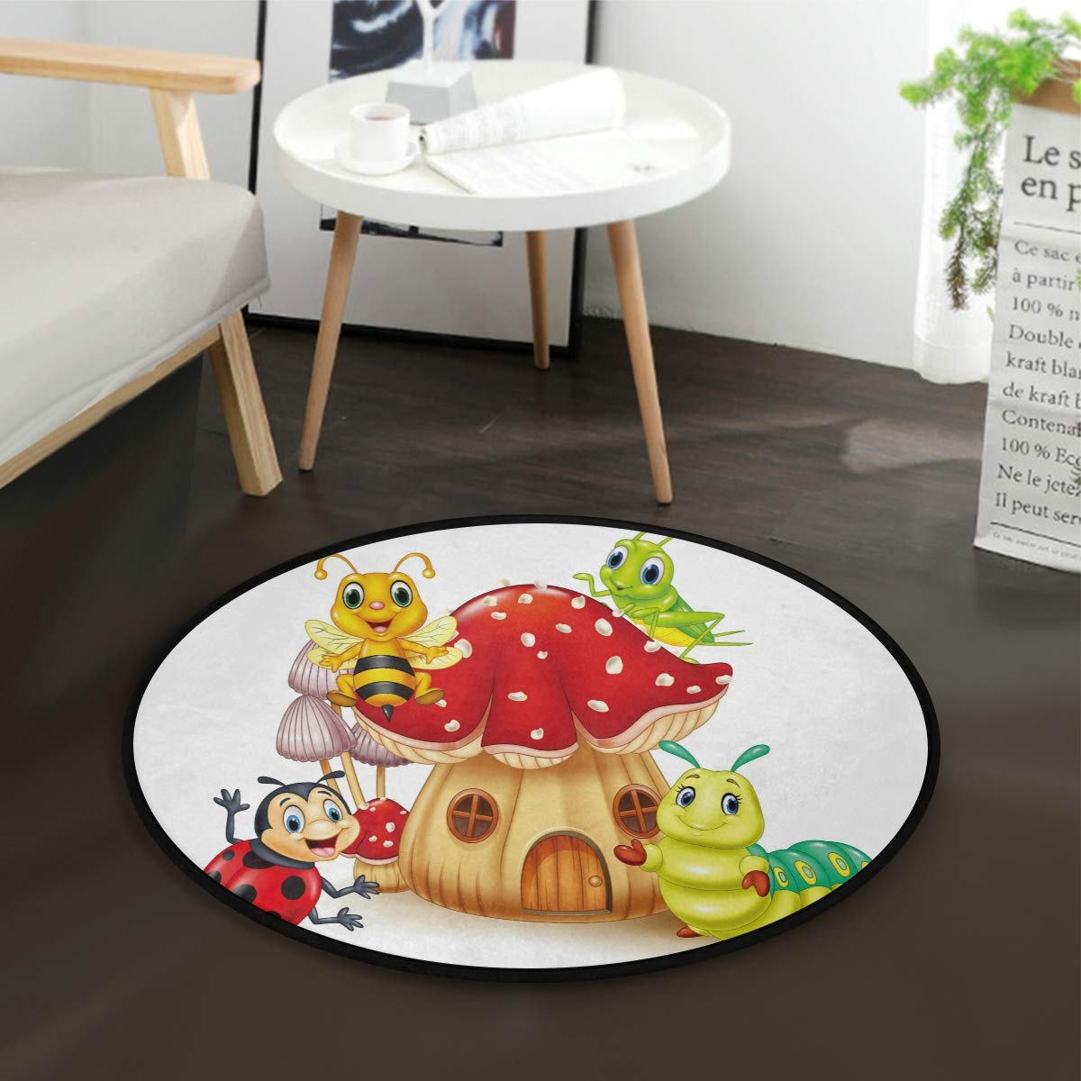 ALAZA Cartoon Mushroom Ladybug Round Area Rug 3' Diameter (92 cm) - Soft Non-Slip Floor Mat for Living Room, Bedroom, Nursery & Kids Playroom - Cute Home Decor for Girls & Boys