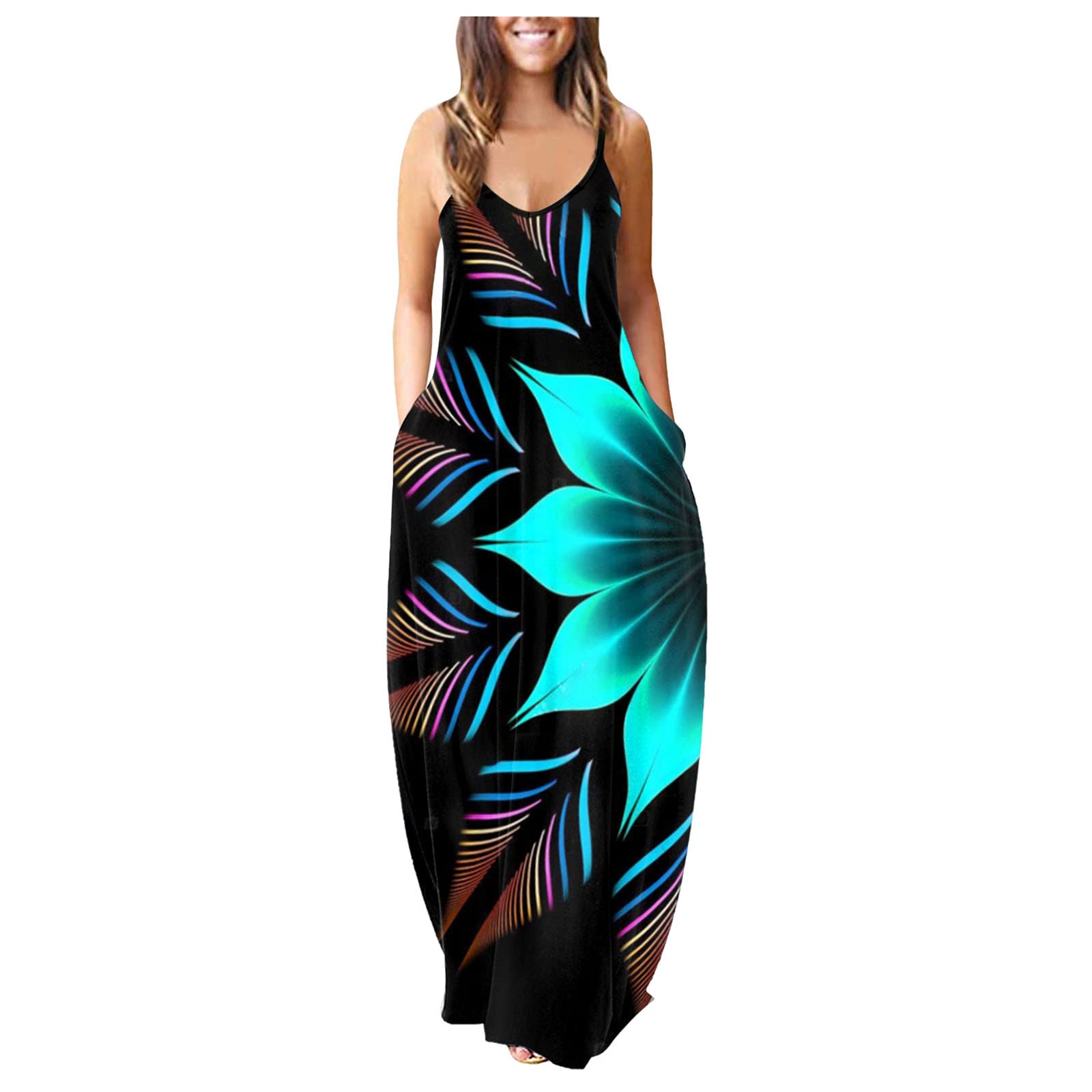 Women's Summer Maxi Dress - Casual Sleeveless Long Dress with V Neck & Pockets - Plus Size Flowy Beach Dress for Vacation, Party & Outdoor Activities