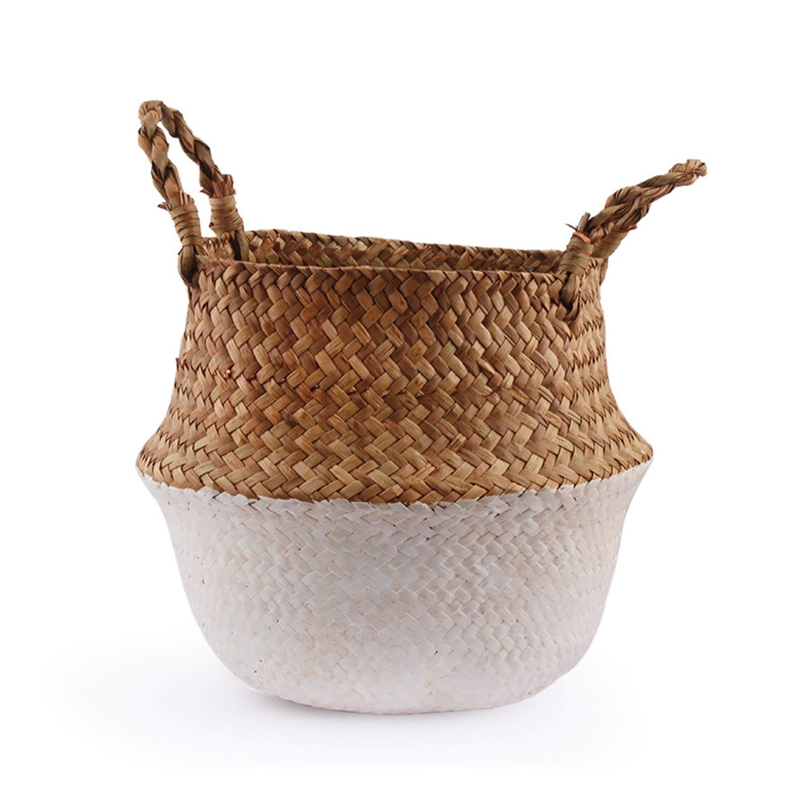 White Rattan Straw Wicker Seagrass Folding Storage Basket - 20cm x 22cm Flower Pot Planter Organizer | Perfect for Home Decor, Plant Storage & Bathroom Organization