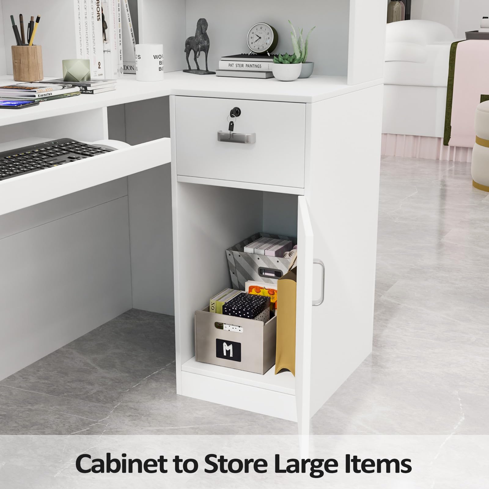 L-Shaped Reception Desk with Lockable Drawers & Adjustable Shelf - 55.9