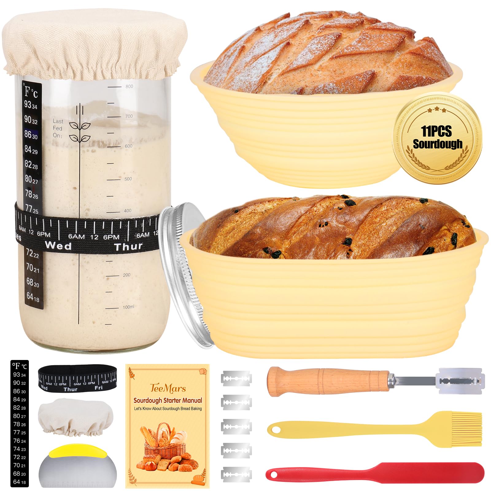 TeeMars Sourdough Bread Starter Kit - 34oz Glass Jar, 2 Proofing Baskets, Thermometer & Dough Scraper - Complete Baking Supplies for Homemade Artisan Bread | Perfect for Beginners, Home Bakers & Bread Making Enthusiasts