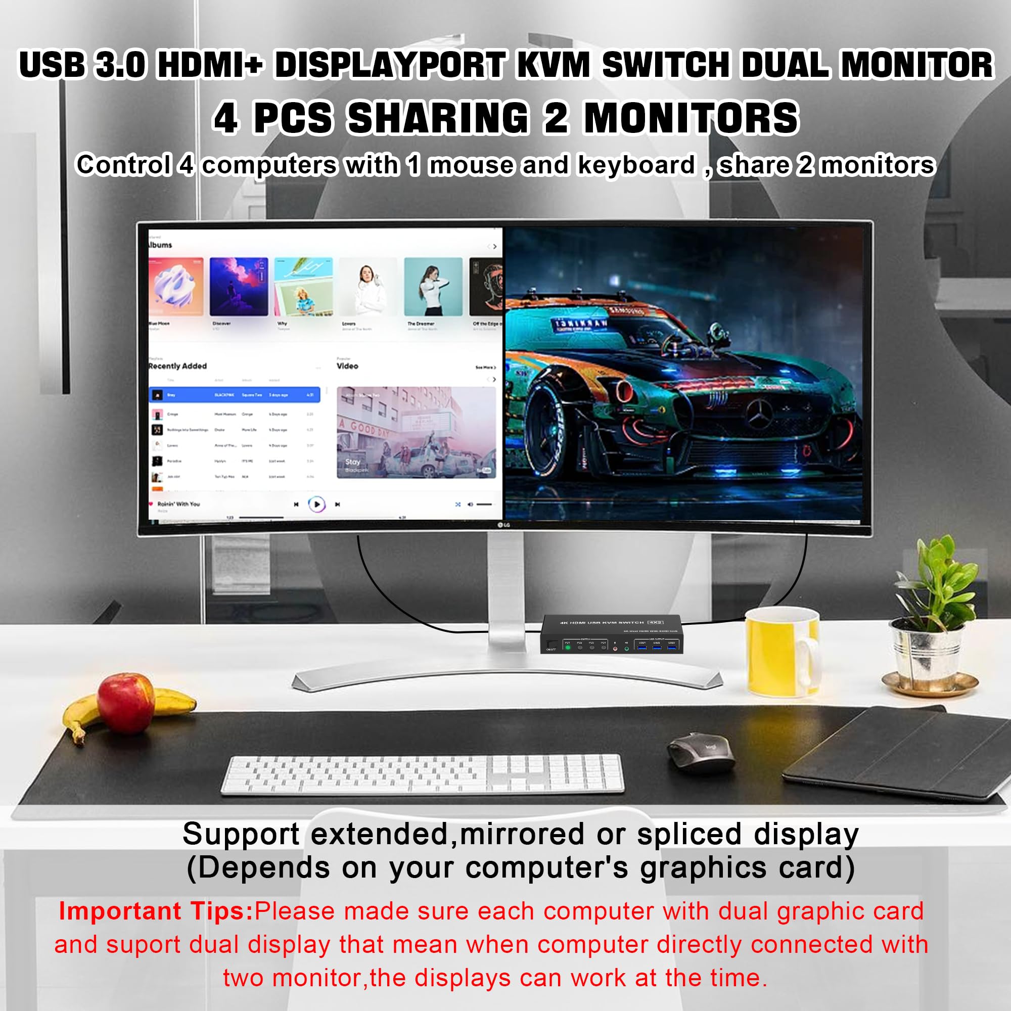 4K 60Hz USB 3.0 KVM Switch - Dual Monitor HDMI+DisplayPort for 4 PCs, 2 Monitors | Audio & Mic Support | 3 USB 3.0 Ports | Perfect for Home Office, Gaming Setup & Multi-Computer Workstations
