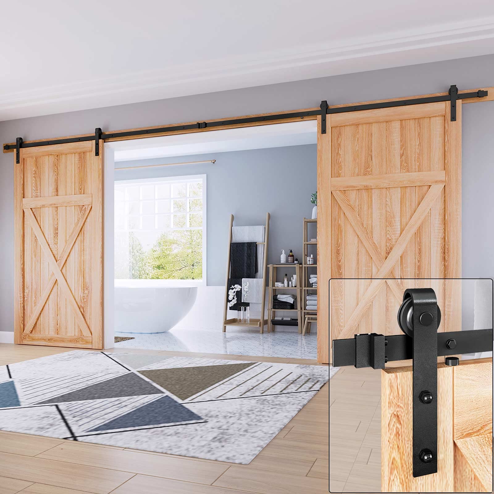 EaseLife 16 FT Heavy Duty Double Door Sliding Barn Door Hardware Track Kit - Smooth Quiet Gliding, Easy Installation for 48