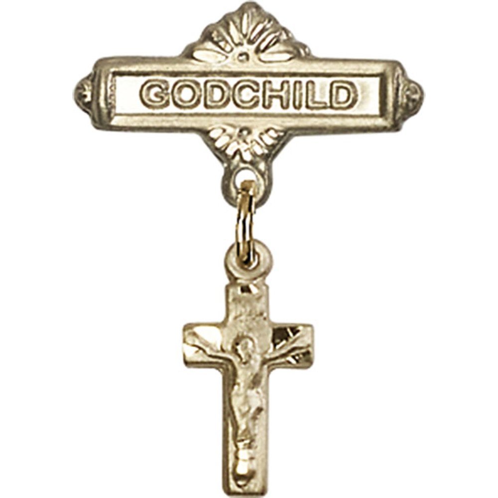 Gold Filled Baby Badge with Crucifix Charm - Godchild Gift Pin (7/8