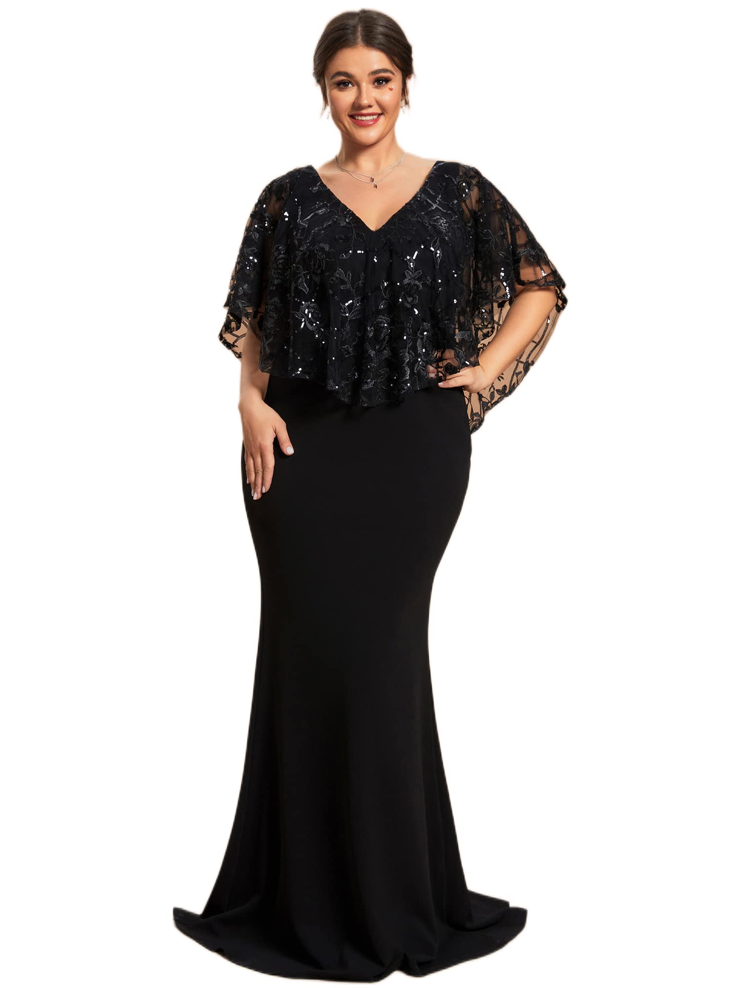 Ever-Pretty Plus Size Women's Bodycon Evening Dress with V-Neck, Short Sleeves & Sequin Shawl - Floor Length Formal Gown for Prom, Wedding & Special Occasions (Style 01798-DA)