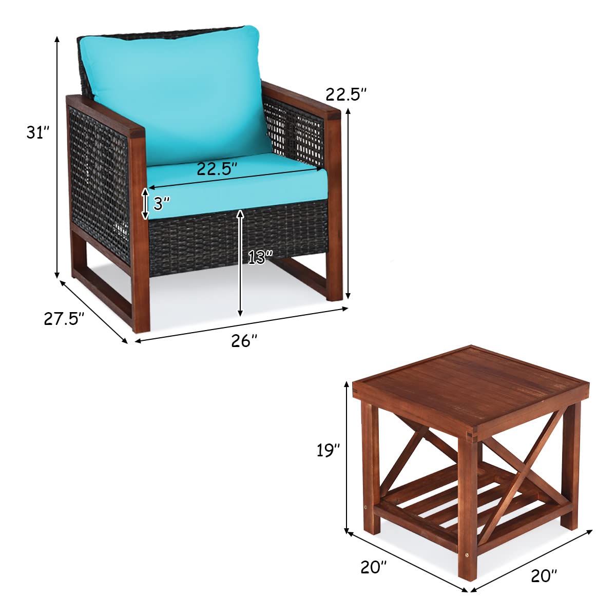 HappyGrill 3-Piece Outdoor Patio Furniture Set - Wicker Chairs with Coffee Table, Acacia Wood Frame & Washable Cushions - Perfect for Garden, Poolside, Backyard, Balcony & Porch Relaxation