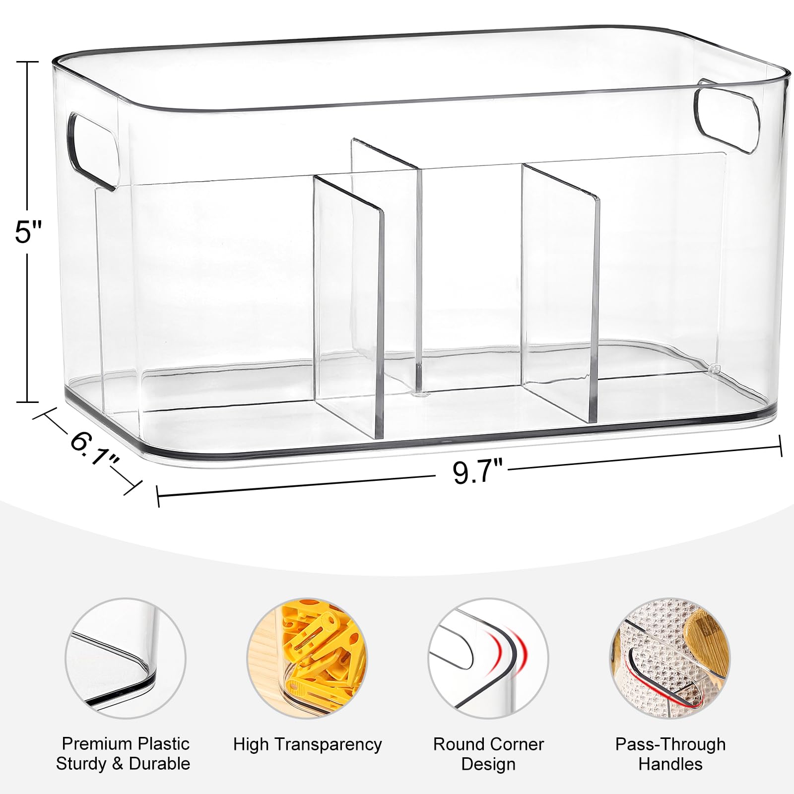 5-Compartment Clear Plastic Storage Bin - Divided Organizer for Art Supplies, Makeup & Cosmetics - Multi-Purpose Storage Container for Vanity, Bathroom, Kitchen, Office & Crafts - Perfect for Organizing Brushes, Nail Polish, Office Supplies & Cleaning Items (1 Pack)