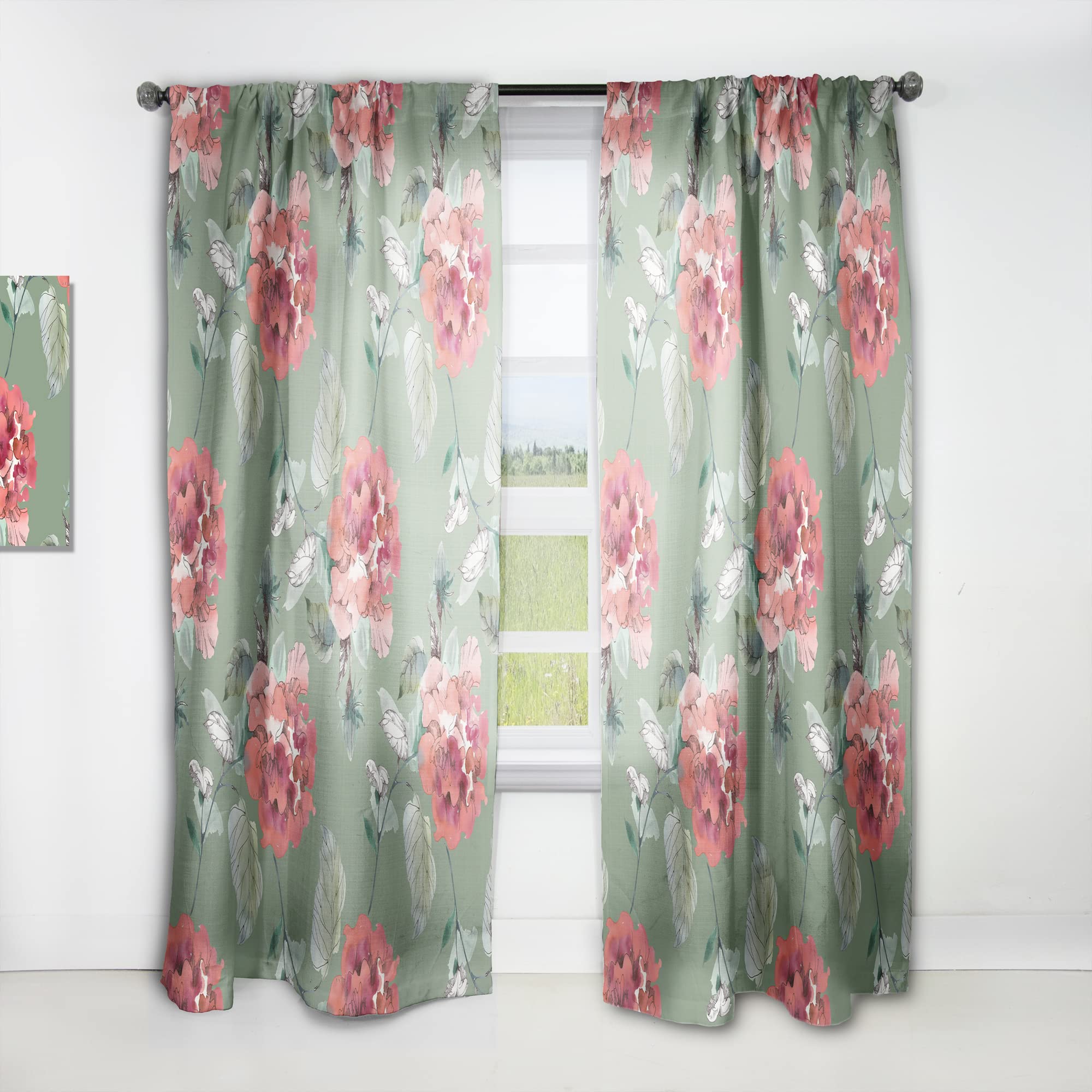 DesignQ Thermal Insulated Curtains - 'Red Flowers in Green' Pattern - Single Panel (52x63 inches) for Bedroom & Living Room - Energy Saving, Blackout Drapes for Home Decor & Privacy